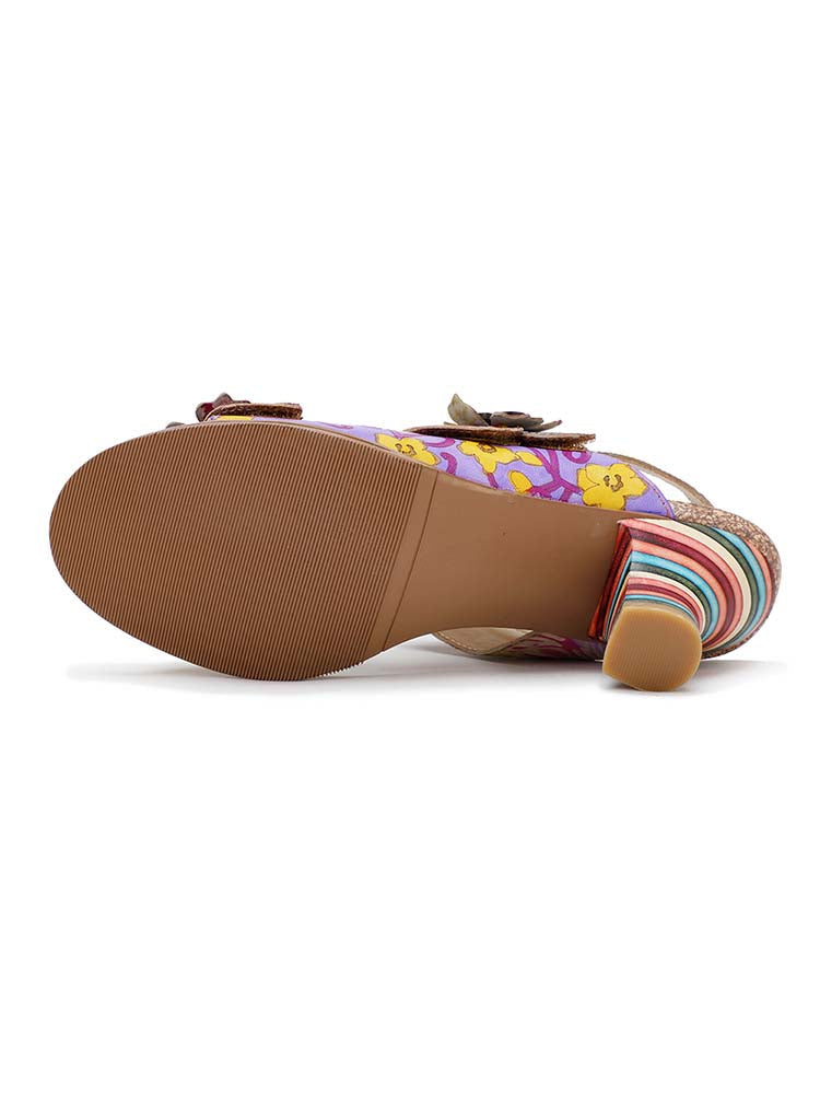 Sandales Confortables en Cuir Fait Main à Rayures Colorées et Talons