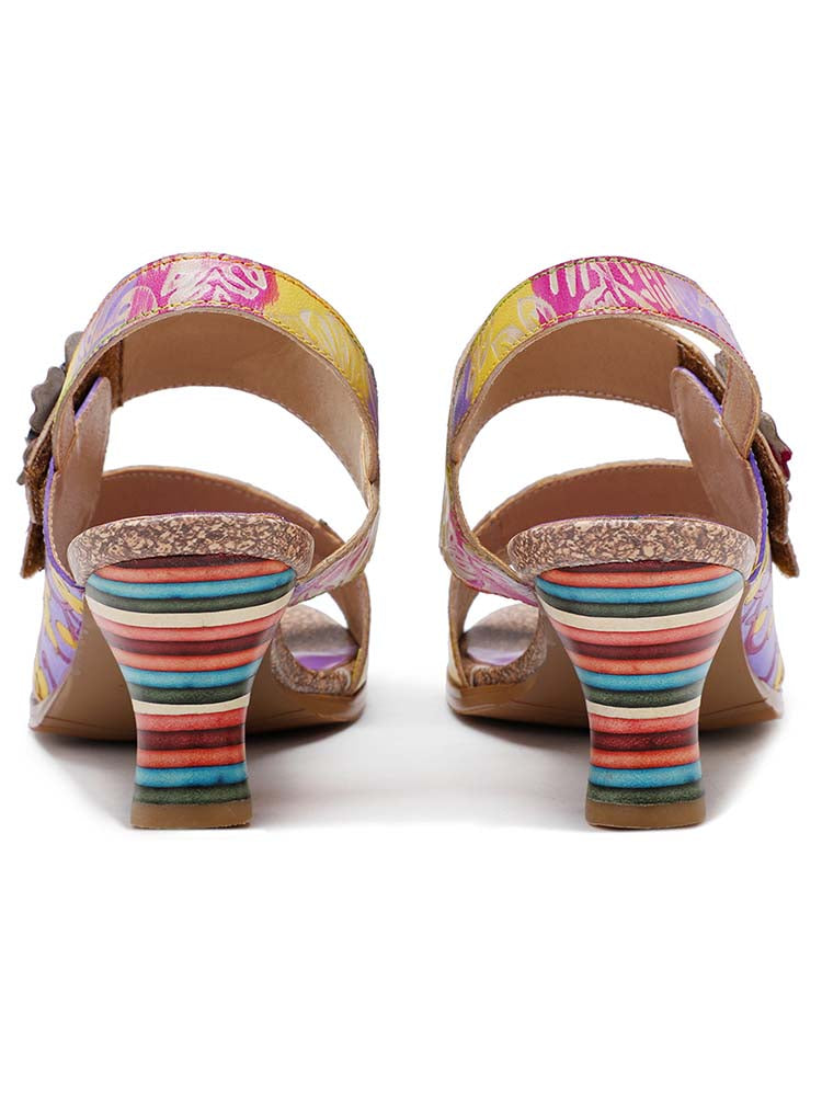 Sandales Confortables en Cuir Fait Main à Rayures Colorées et Talons