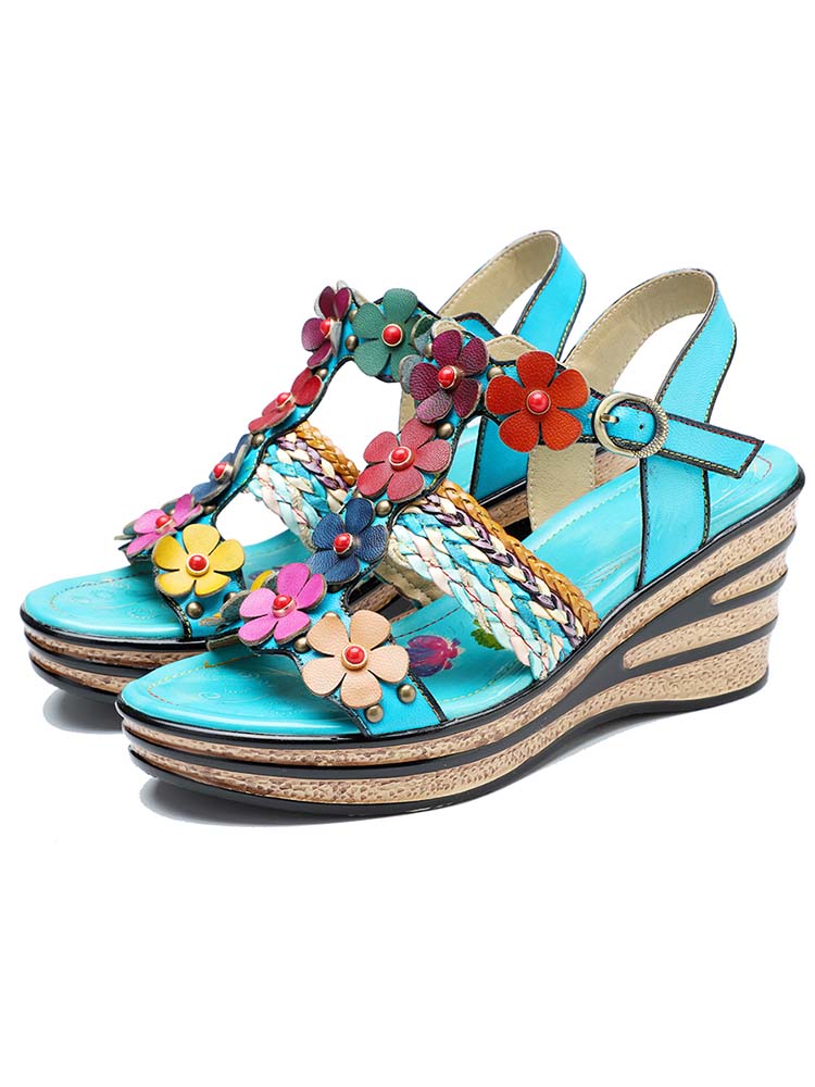 Sandales Compensées Fleurs Faites Main