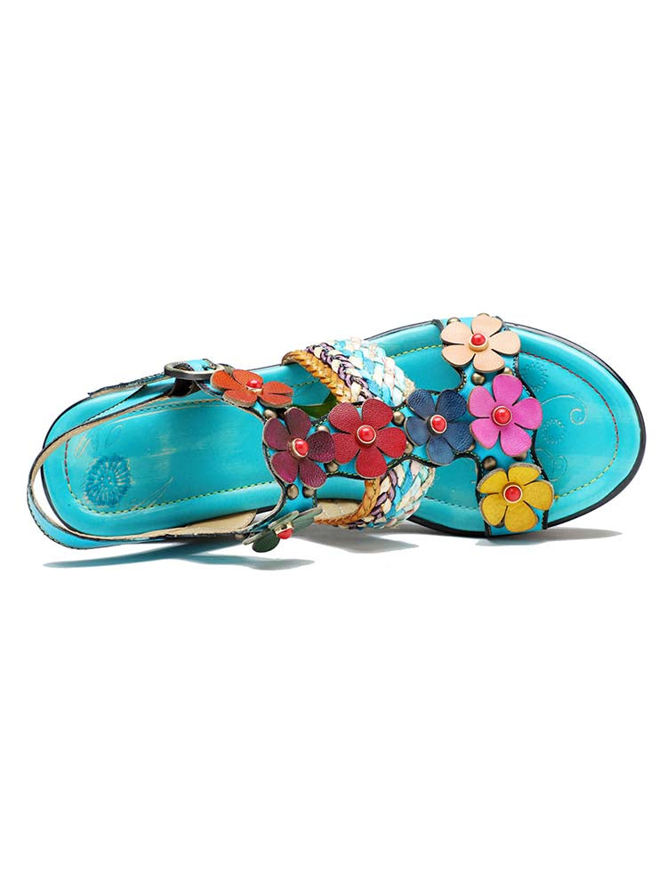 Sandales Compensées Fleurs Faites Main