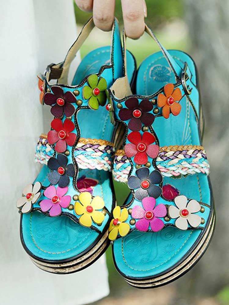 Sandales Compensées Fleurs Faites Main