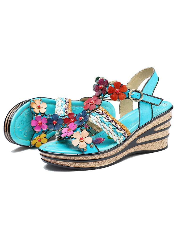 Sandales Compensées Fleurs Faites Main