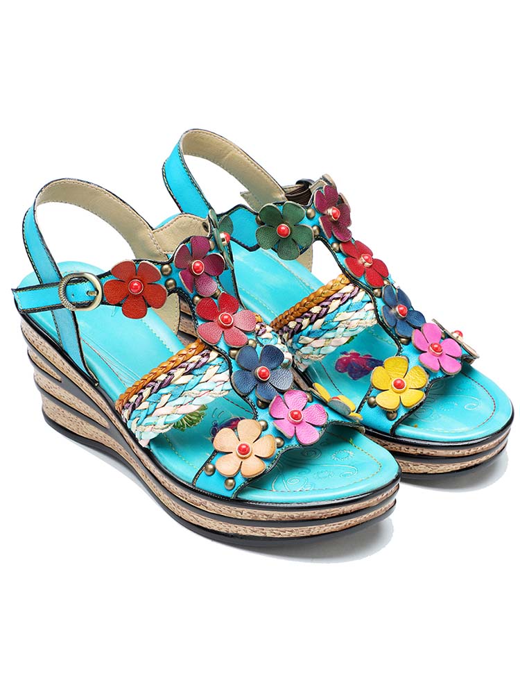 Sandales Compensées Fleurs Faites Main