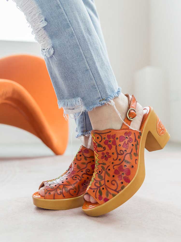 Sandales à talons hauts en cuir véritable à bout ouvert