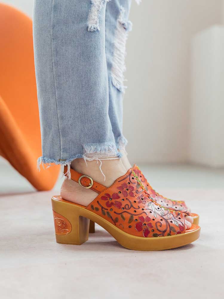Sandales à talons hauts en cuir véritable à bout ouvert