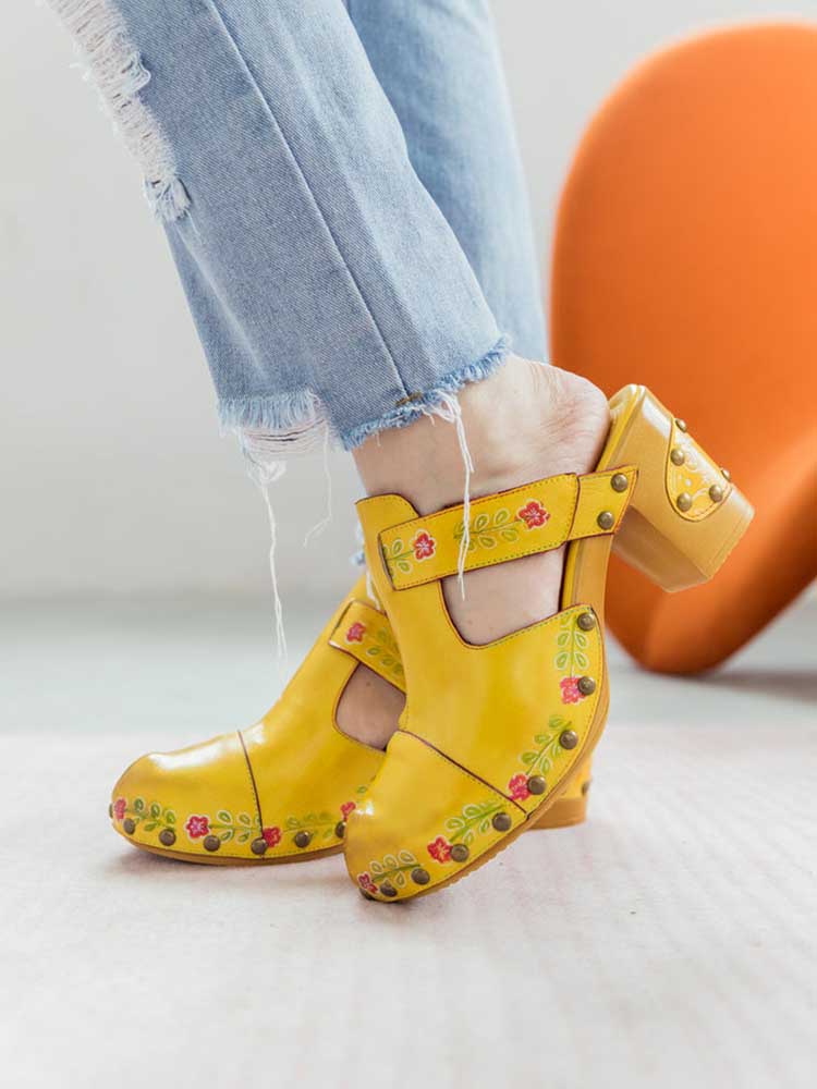 Chaussons Floraux Vintage Faits Main à Bout Rond