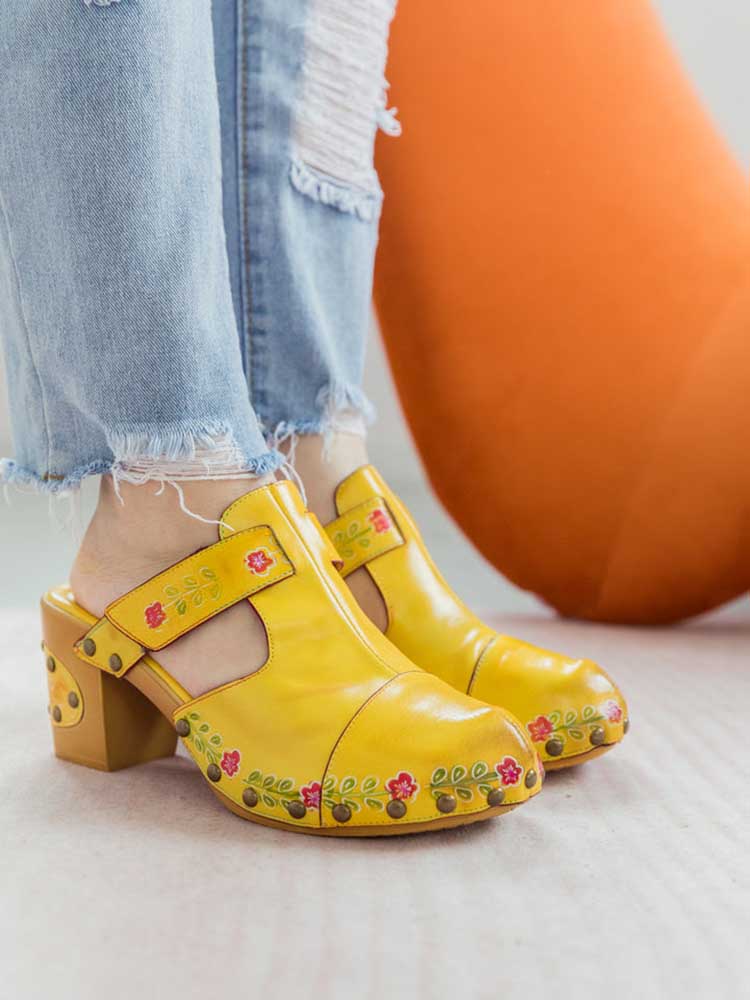 Chaussons Floraux Vintage Faits Main à Bout Rond