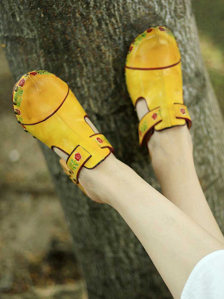 Chaussons Floraux Vintage Faits Main à Bout Rond