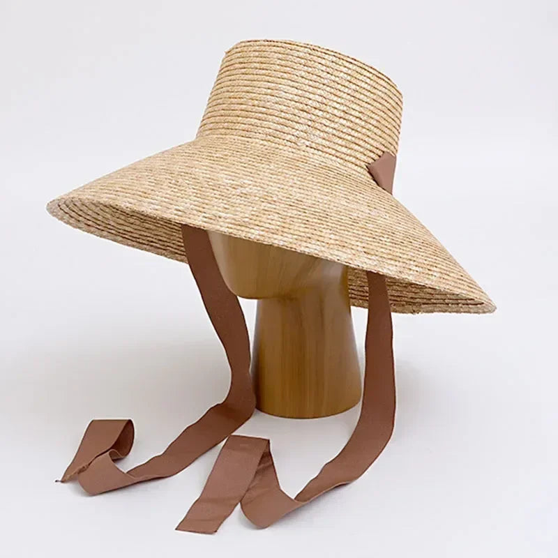 Chapeau de Paille Femme à Large Bord avec Mentonnière Chapeau de Soleil d'Été Anti-UV Chapeau de Plage avec Cordon Coupe-Vent Chapeau de Voyage UPF Derby