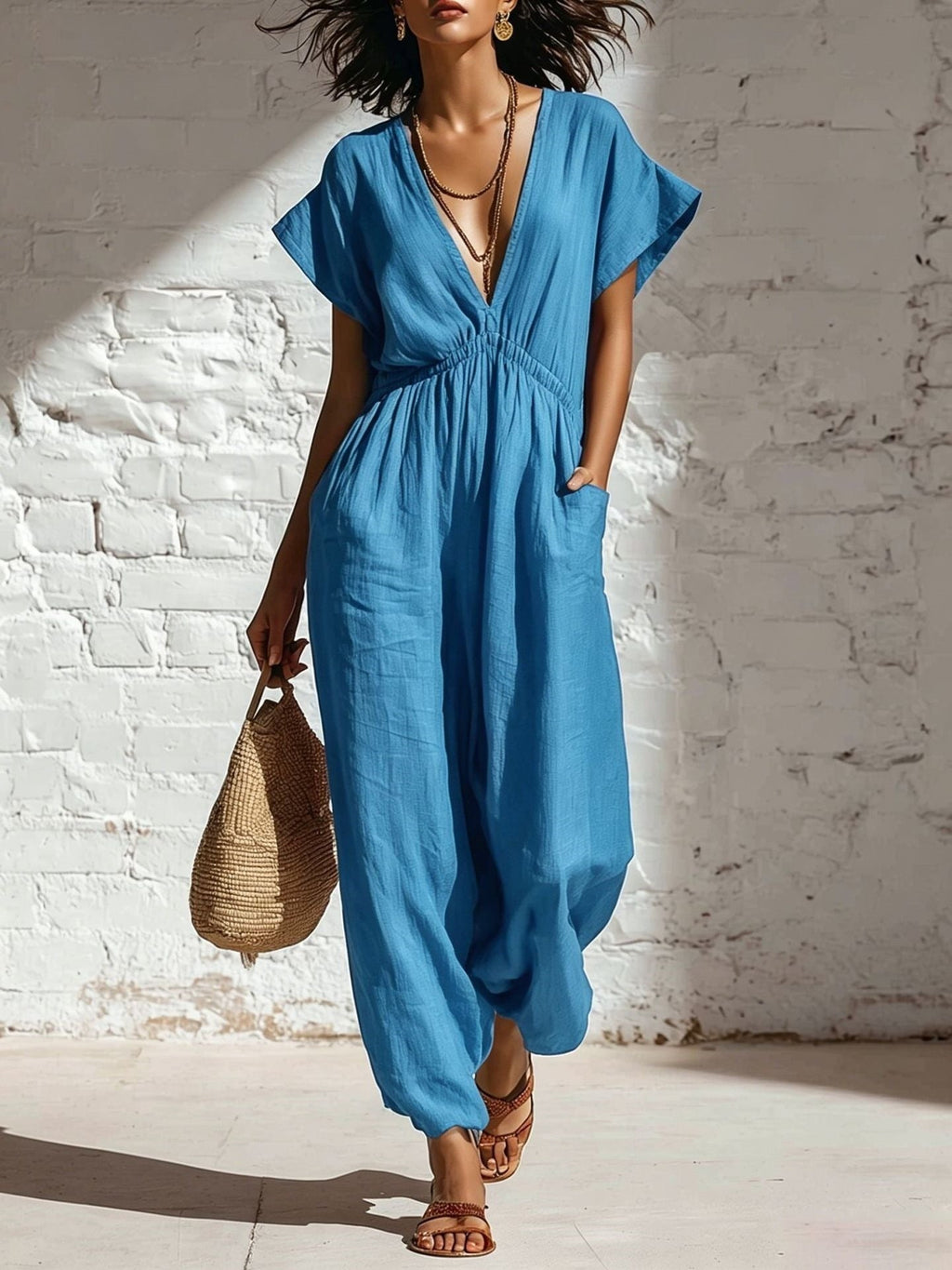 Pantalon femme taille haute à jambes larges, avec haut à décolleté plongeant et manches trois-quarts