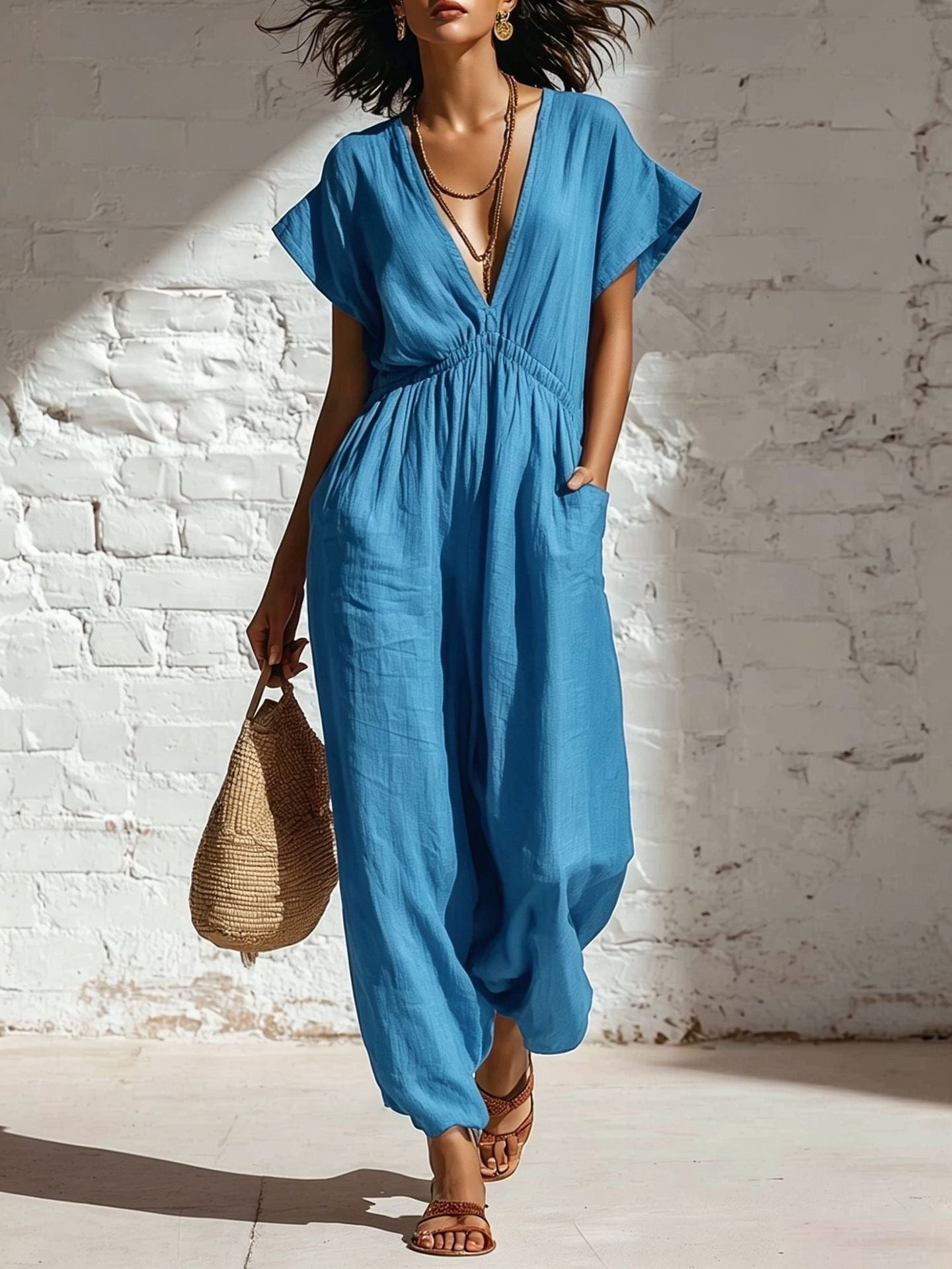 Pantalon femme taille haute à jambes larges, avec haut à décolleté plongeant et manches trois-quarts