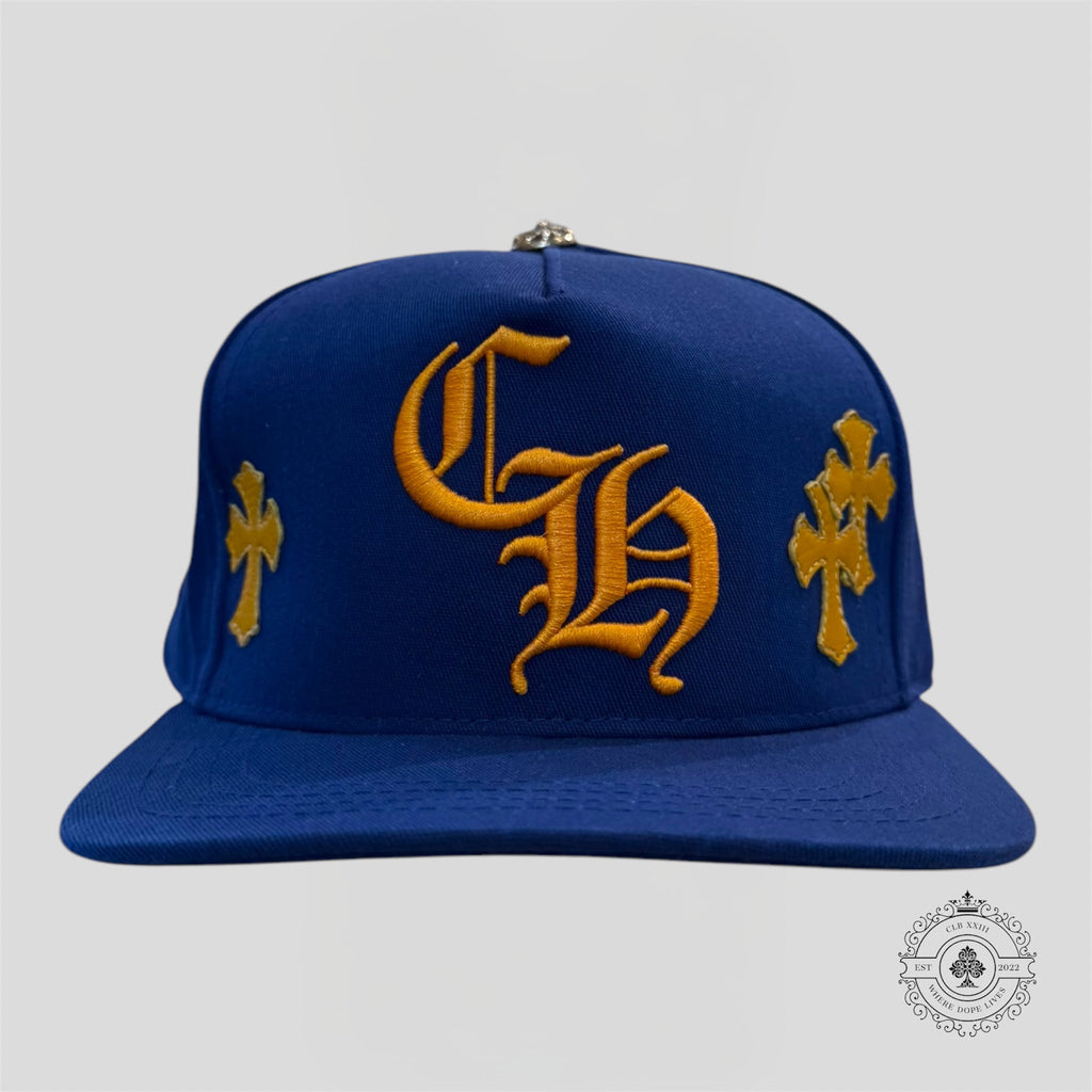 Casquette Chrome Hearts à écussons croix bleue/or