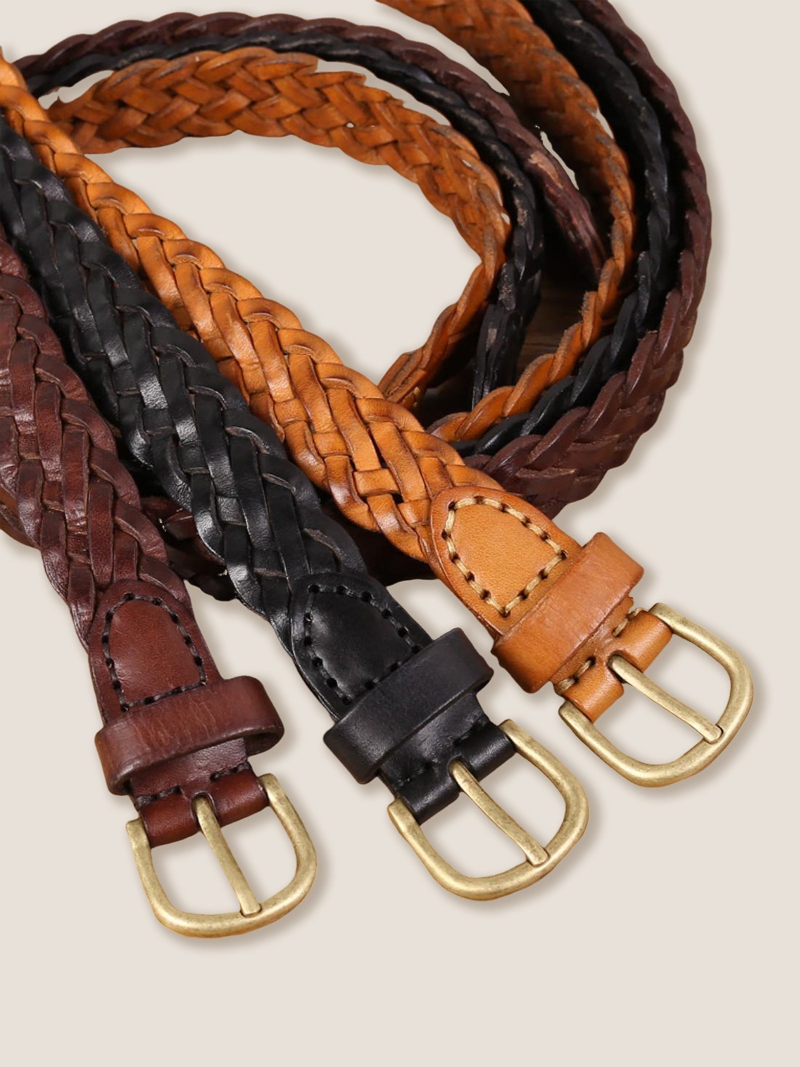 Ceinture rétro en cuir de vachette tressé avec boucle en alliage
