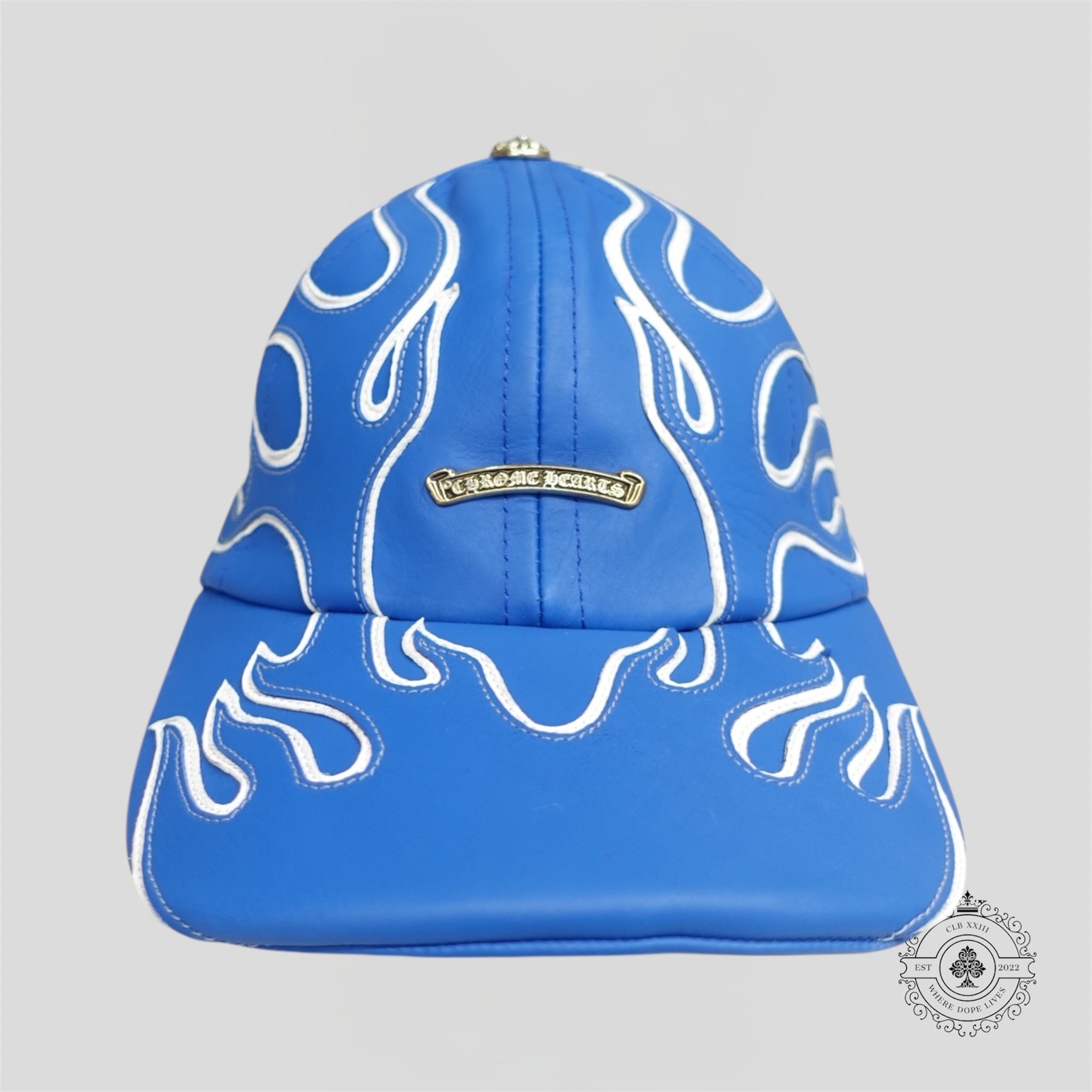 Casquette 6 panneaux Chrome Hearts en cuir, motif Flamme, couleur bleu