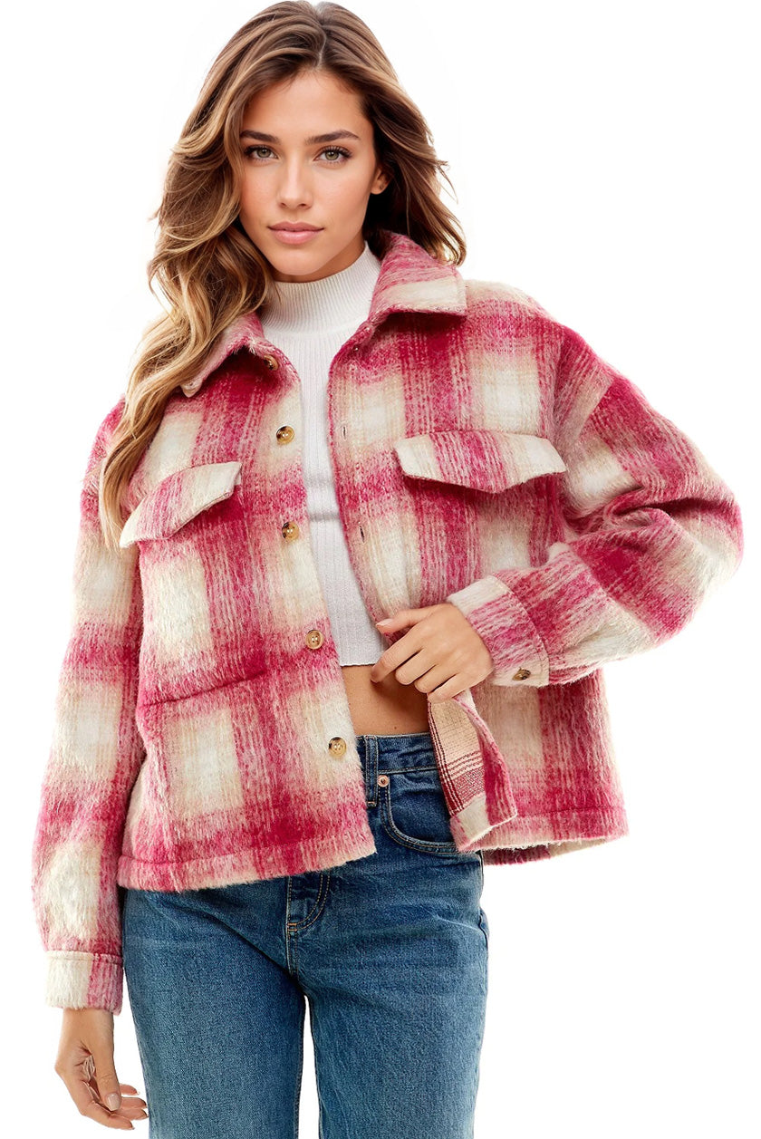Shacket à carreaux rose vif Aura avec poches