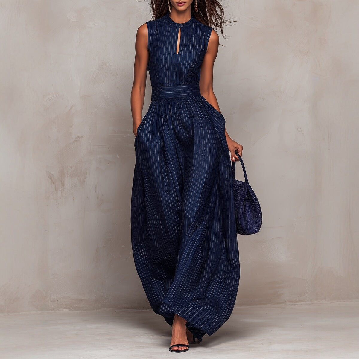 Combinaison-pantalon ample sans manches à rayures bleu marine pour femme — Taille haute, style français