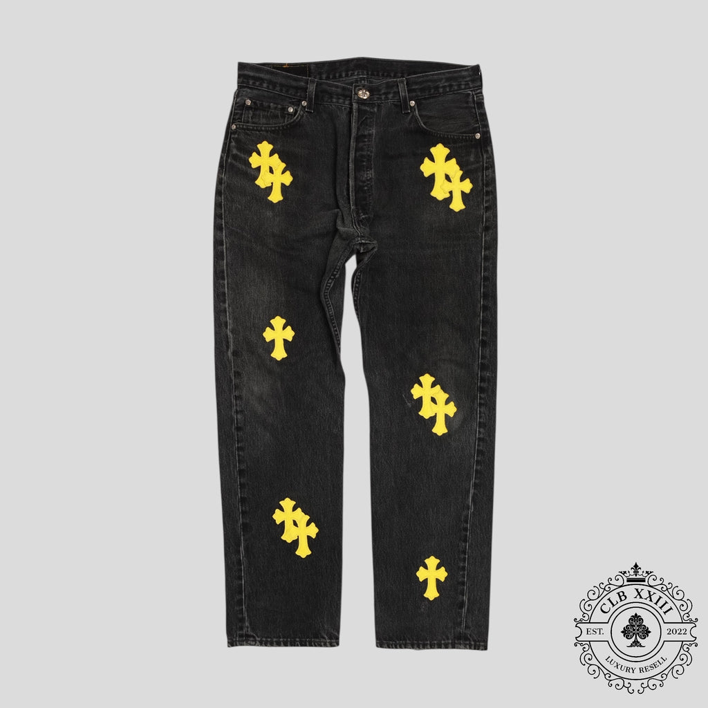 Jean Chrome Hearts à patchs croisés, noir/jaune