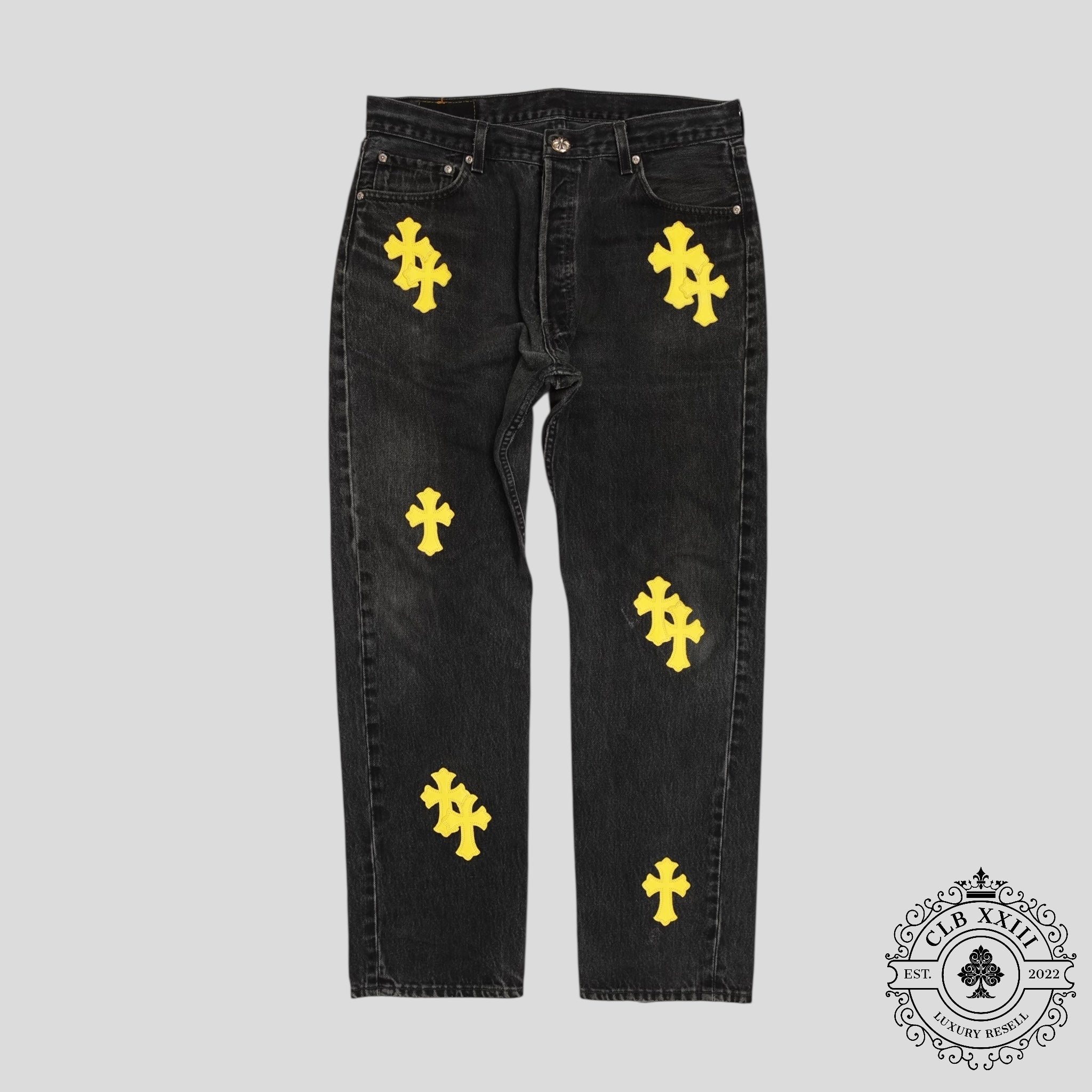 Jean Chrome Hearts à patchs croisés, noir/jaune