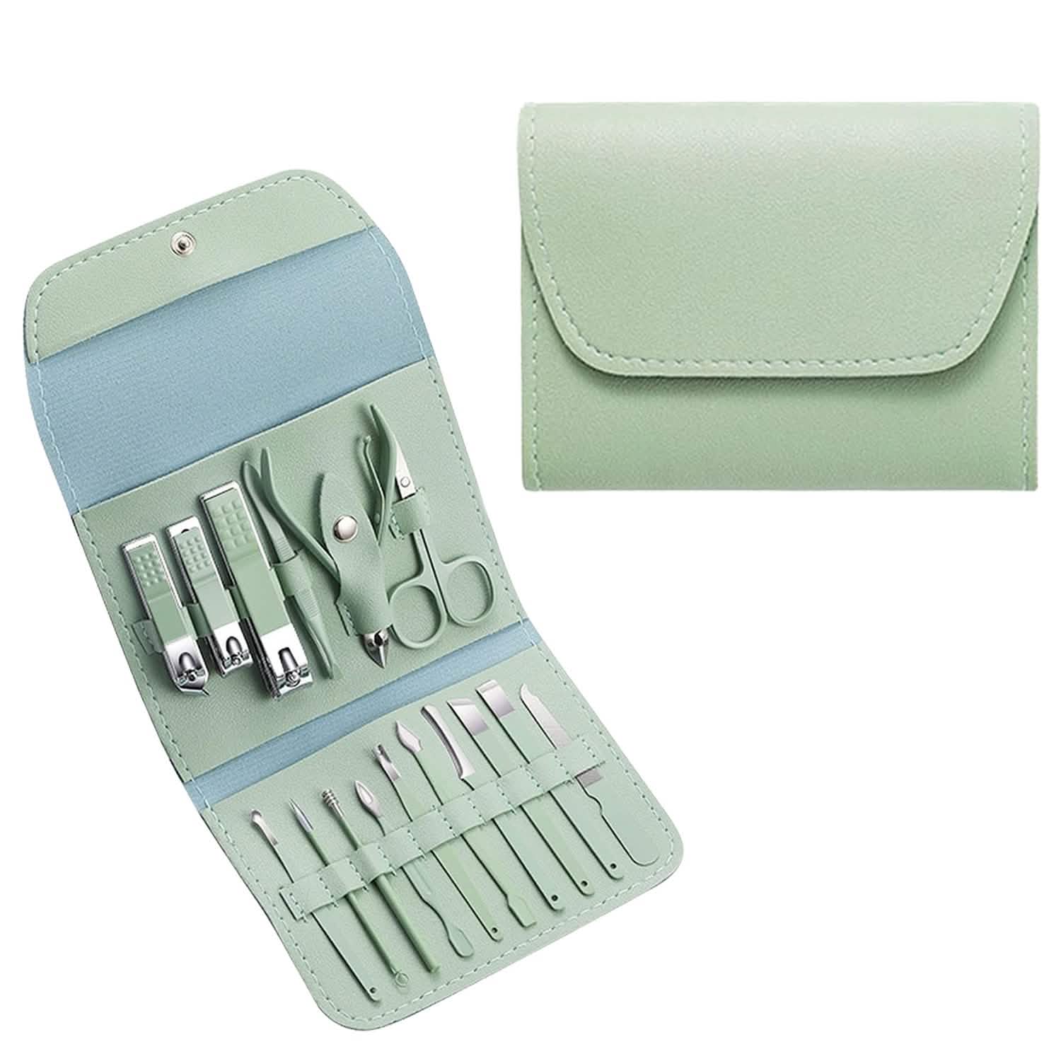 Ensemble 16 pièces : Trousse de toilettage professionnelle manucure, pédicure et soins du visage en acier inoxydable avec étui en cuir