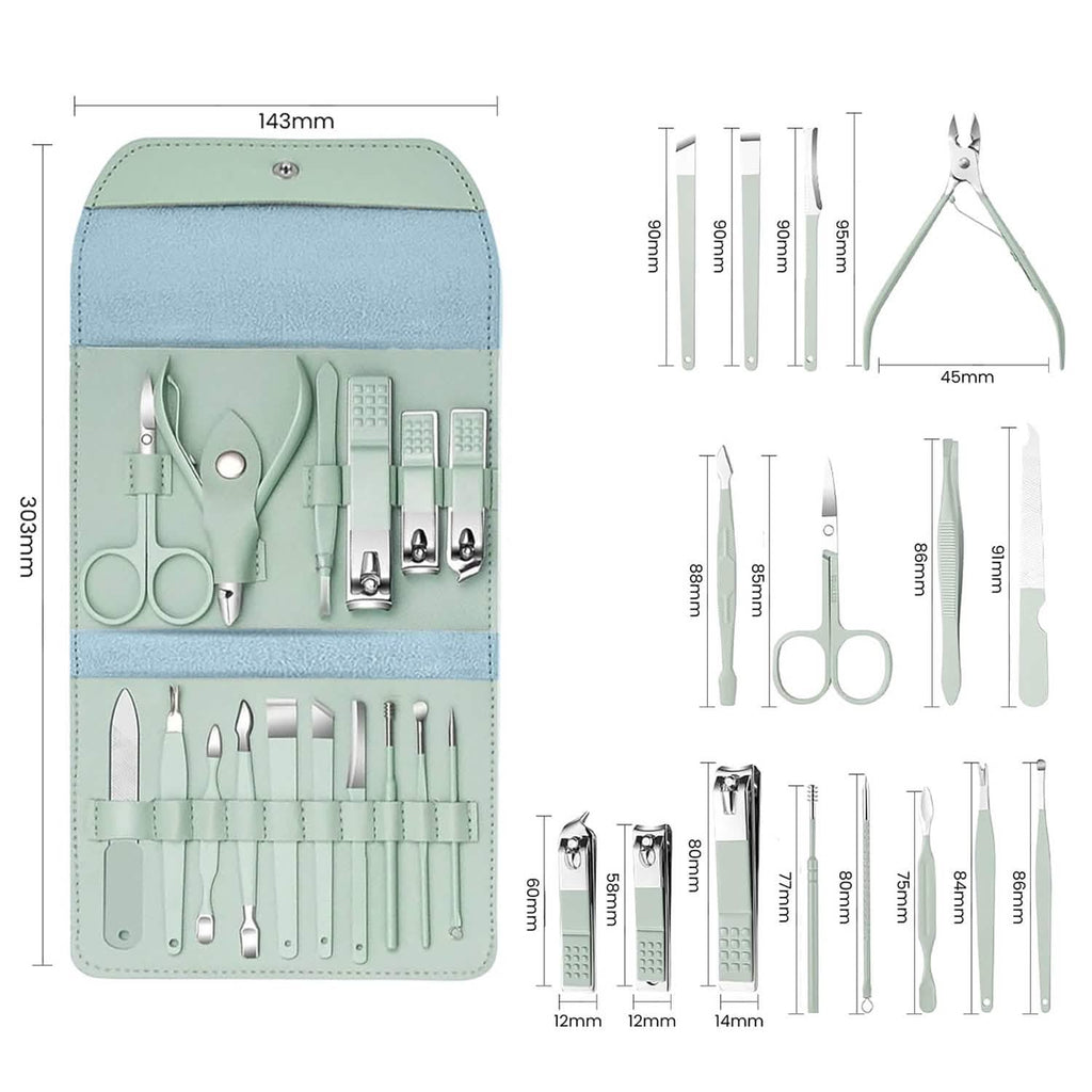 Ensemble 16 pièces : Trousse de toilettage professionnelle manucure, pédicure et soins du visage en acier inoxydable avec étui en cuir