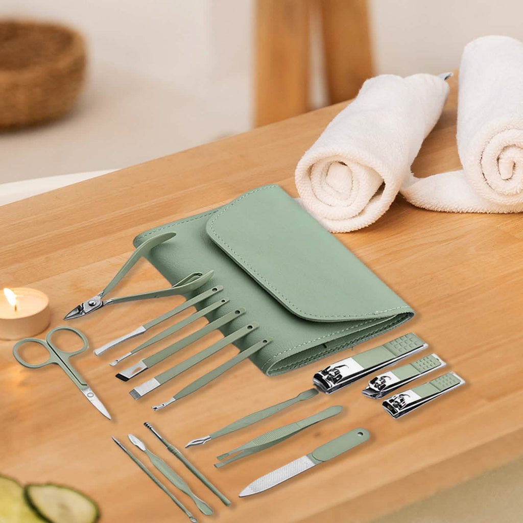 Ensemble 16 pièces : Trousse de toilettage professionnelle manucure, pédicure et soins du visage en acier inoxydable avec étui en cuir