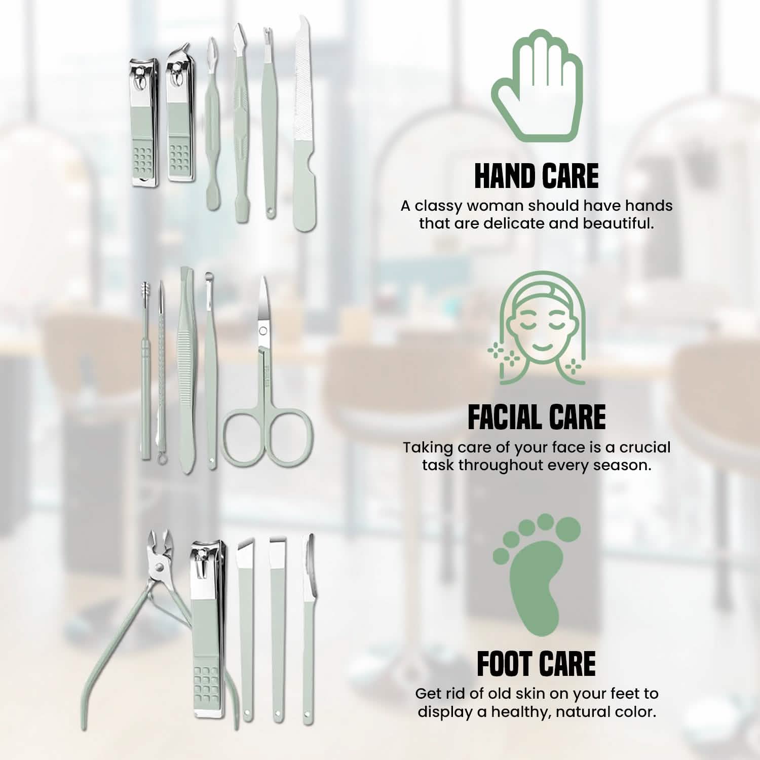 Ensemble 16 pièces : Trousse de toilettage professionnelle manucure, pédicure et soins du visage en acier inoxydable avec étui en cuir