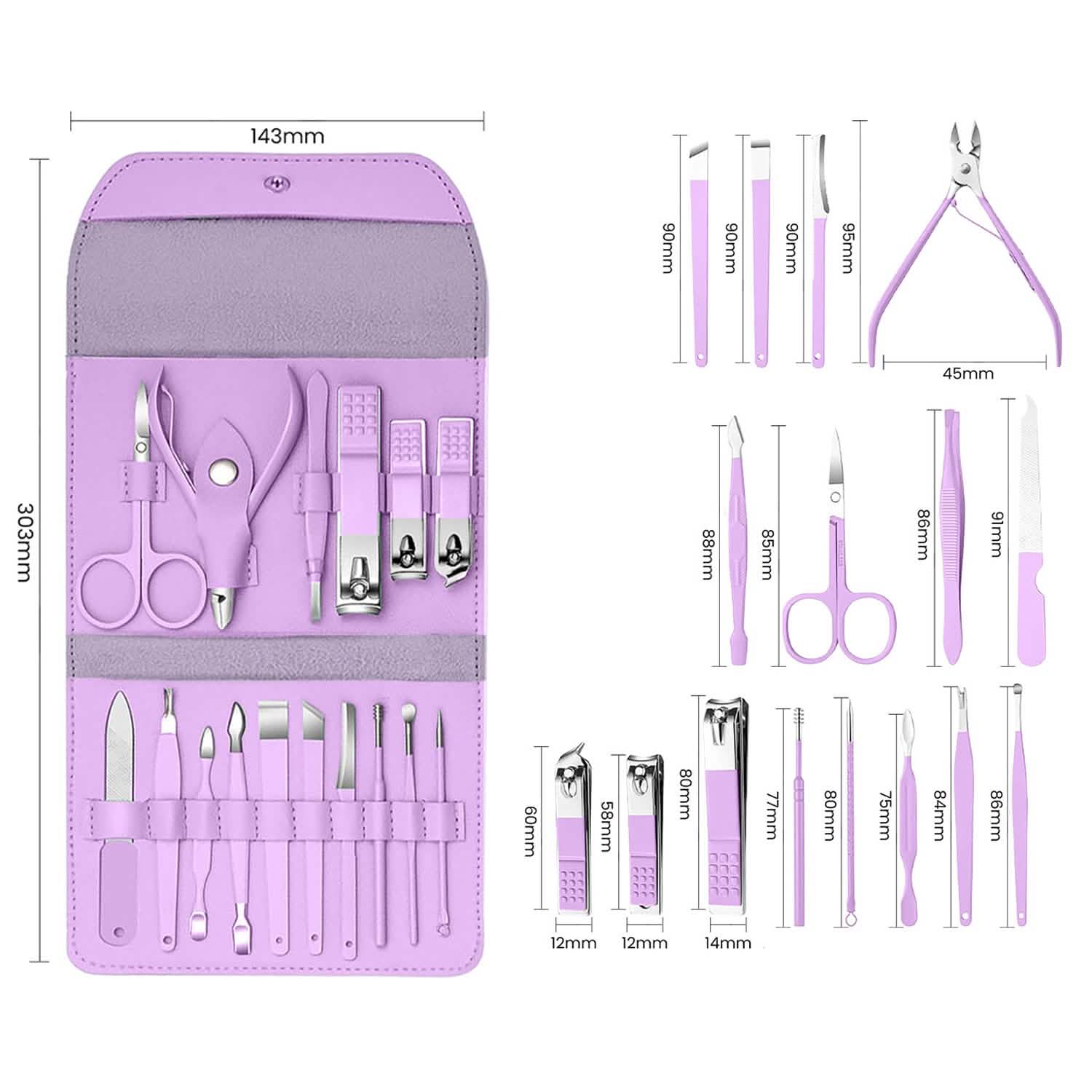 Ensemble 16 pièces : Trousse de toilettage professionnelle manucure, pédicure et soins du visage en acier inoxydable avec étui en cuir