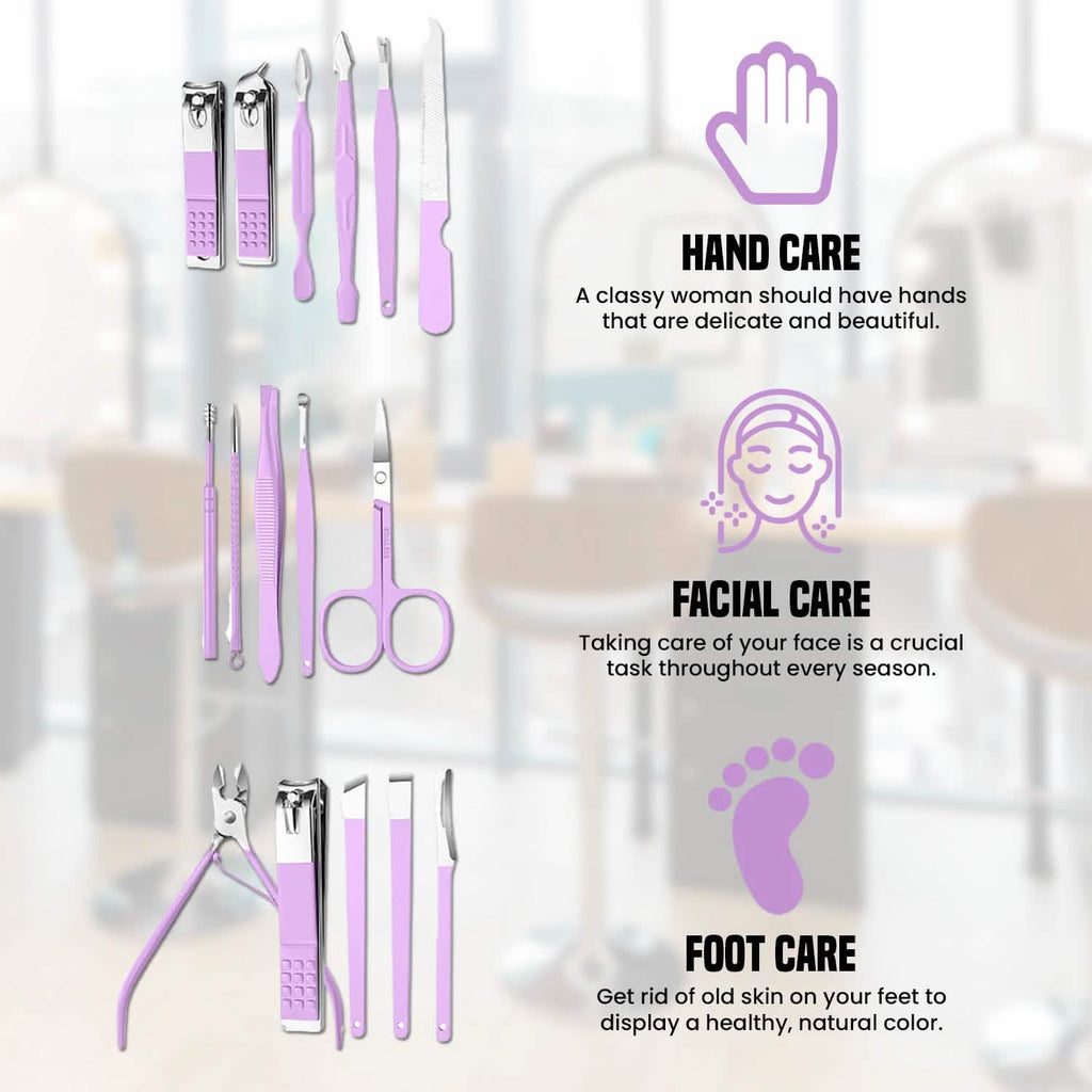 Ensemble 16 pièces : Trousse de toilettage professionnelle manucure, pédicure et soins du visage en acier inoxydable avec étui en cuir