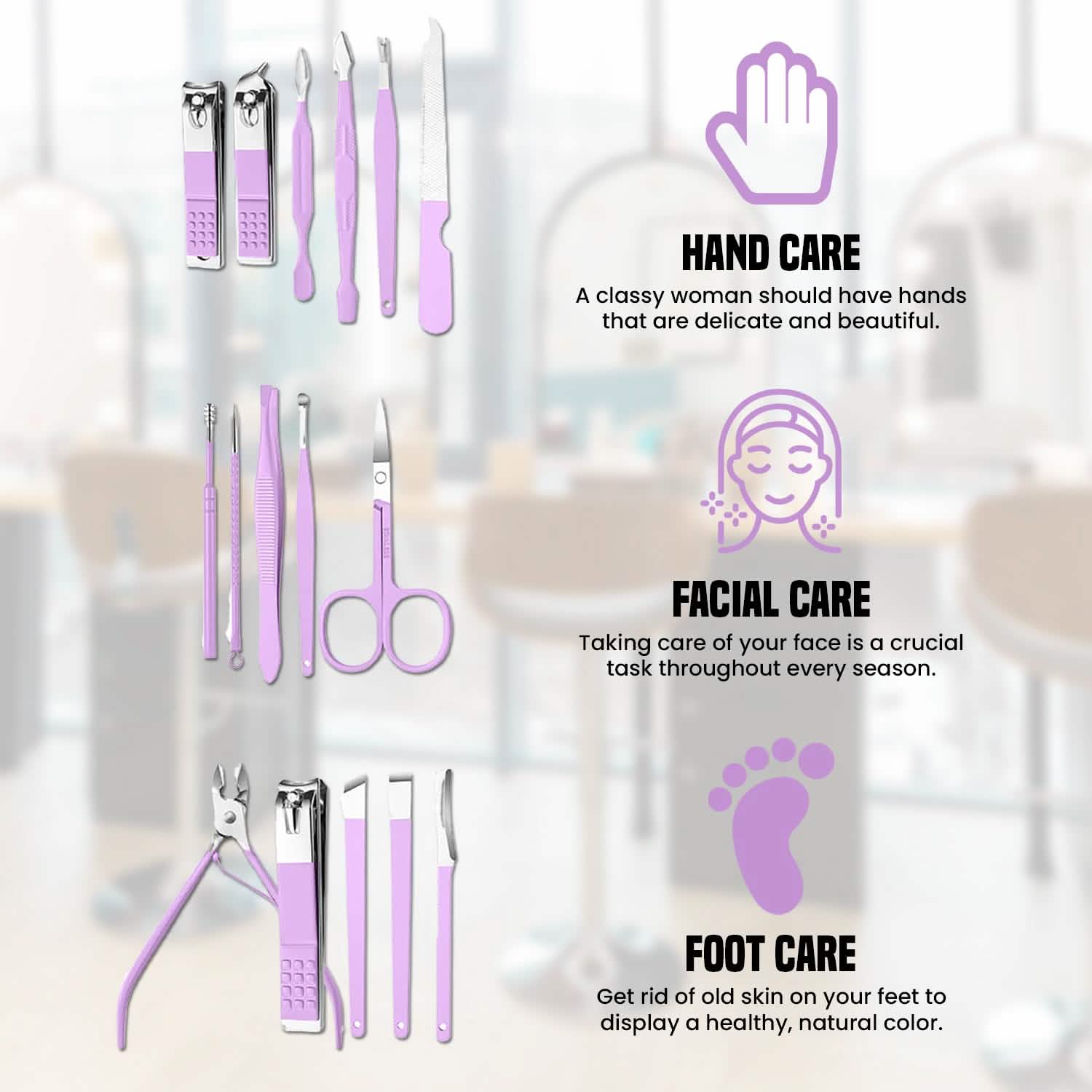 Ensemble 16 pièces : Trousse de toilettage professionnelle manucure, pédicure et soins du visage en acier inoxydable avec étui en cuir
