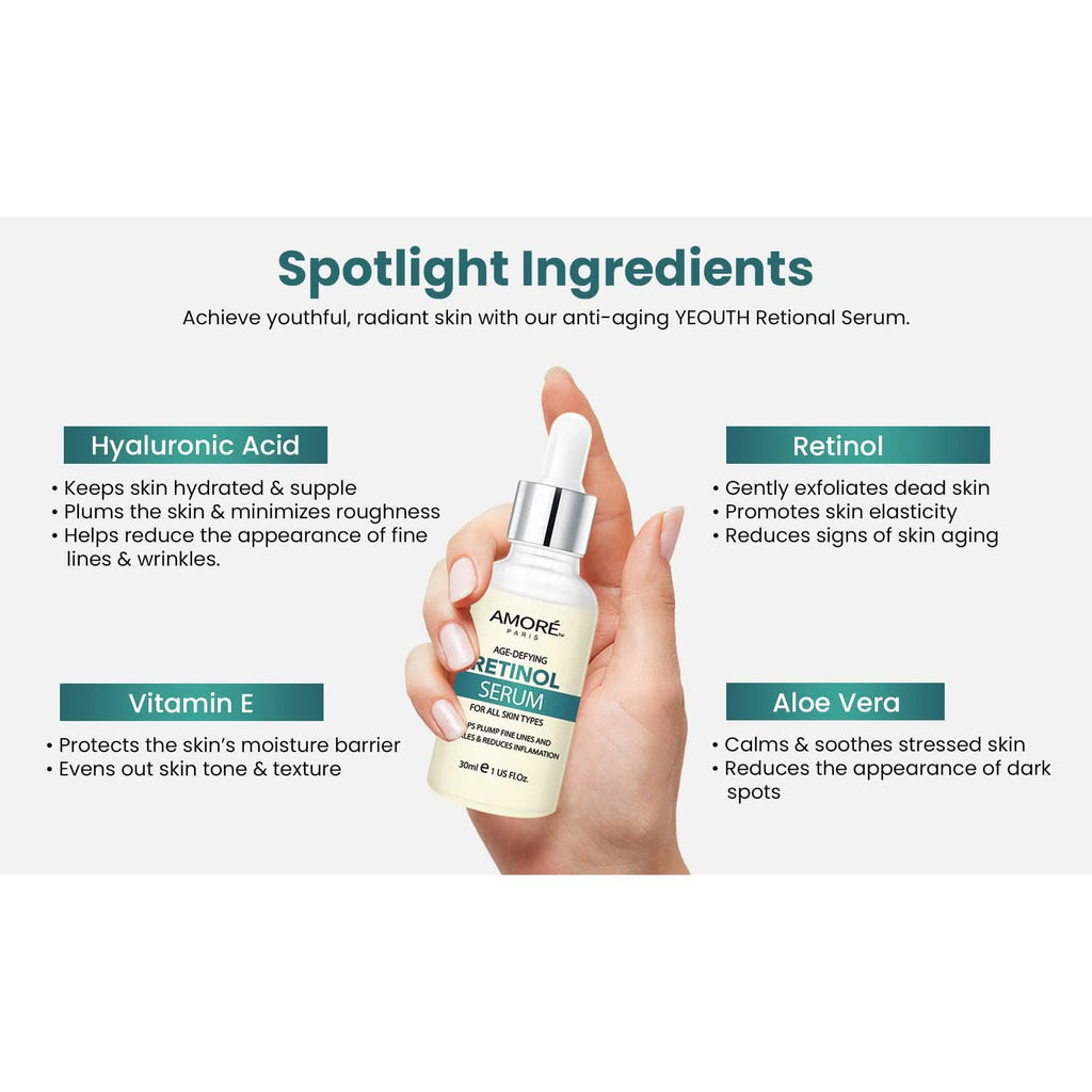 Amore Paris Sérum Retinol 2,5% pour le visage à l'acide hyaluronique, Sérum de nuit