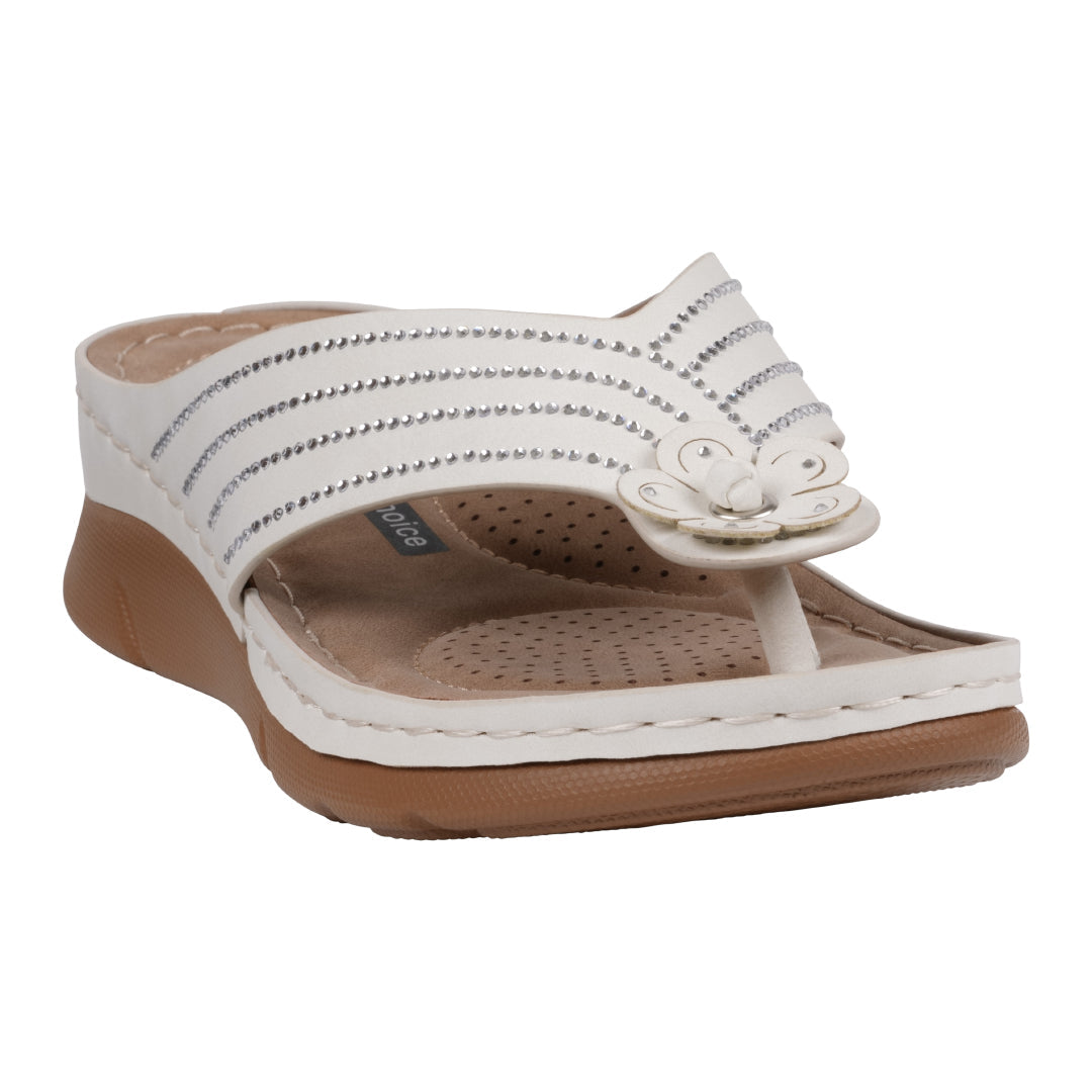 Sandales plates confortables Amari blanches à fleurs pour femme