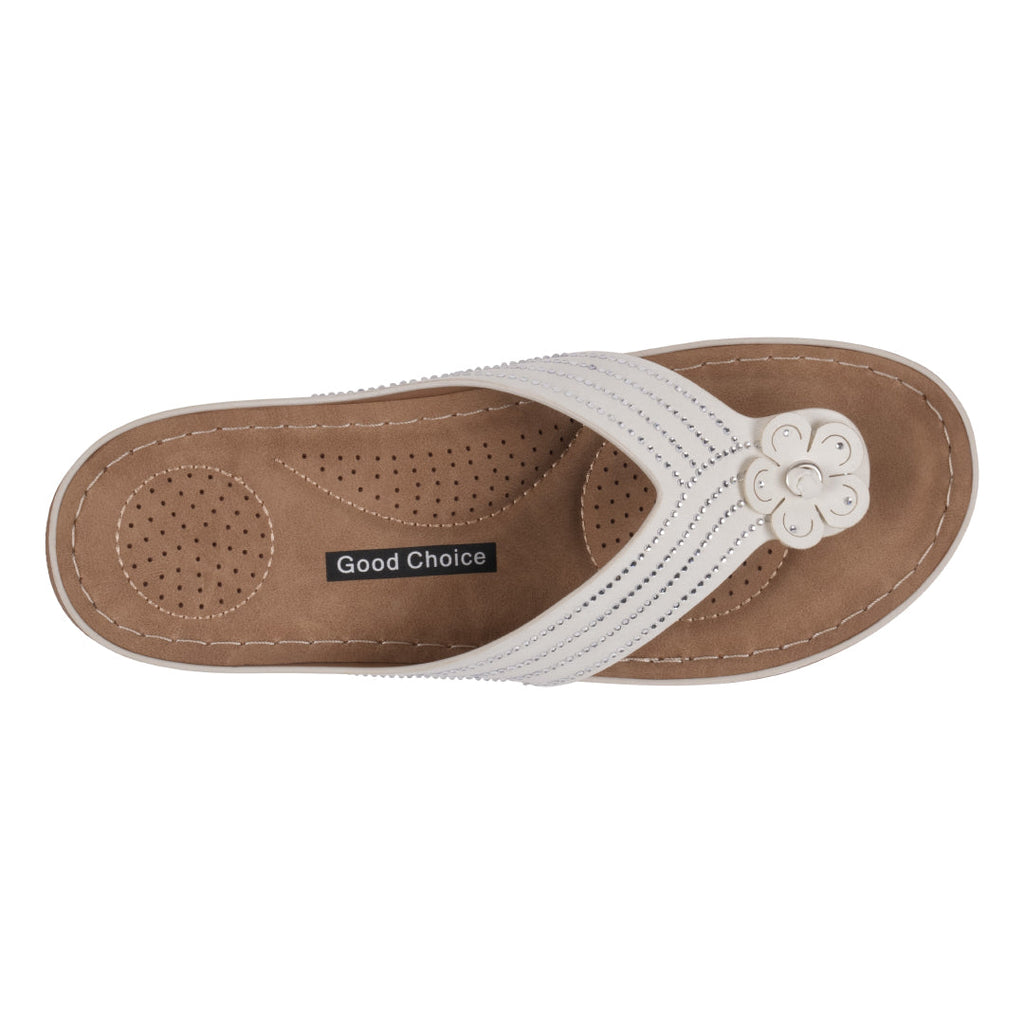 Sandales plates confortables Amari blanches à fleurs pour femme