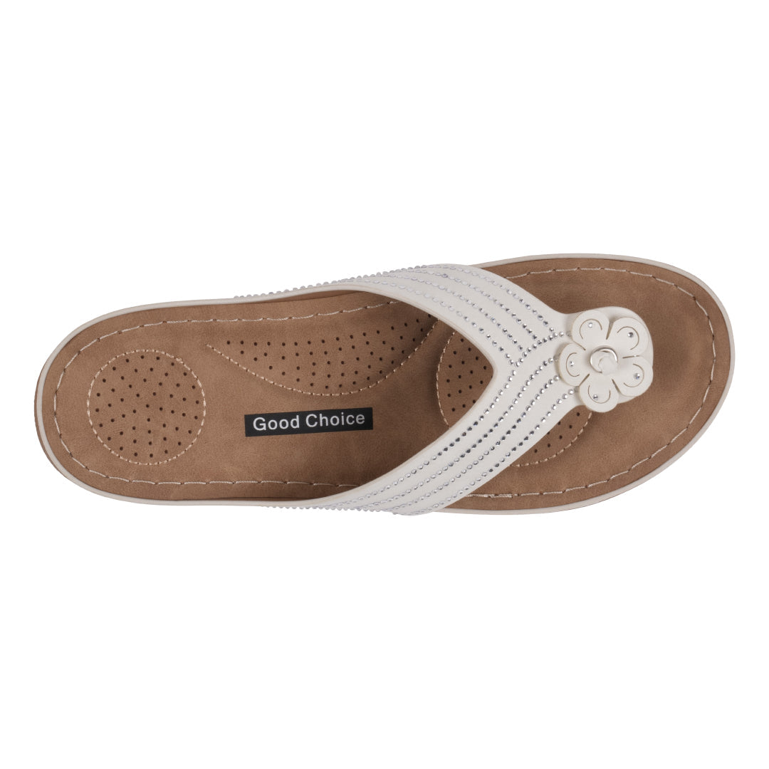 Sandales plates confortables Amari blanches à fleurs pour femme