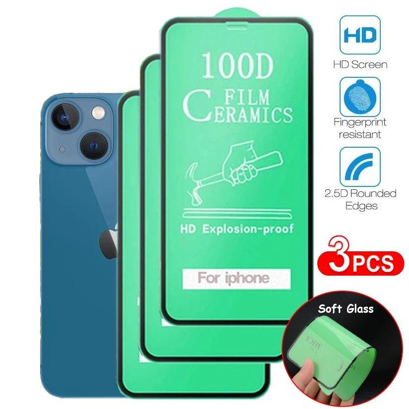 3 Films en Verre Trempé Céramique de Protection 100D pour iPhone 14 13 12 Mini 11 Pro XR XS Max X 8 7 Plus SE 2020, Film de Protection d'écran Souple en Série Verre Trempé