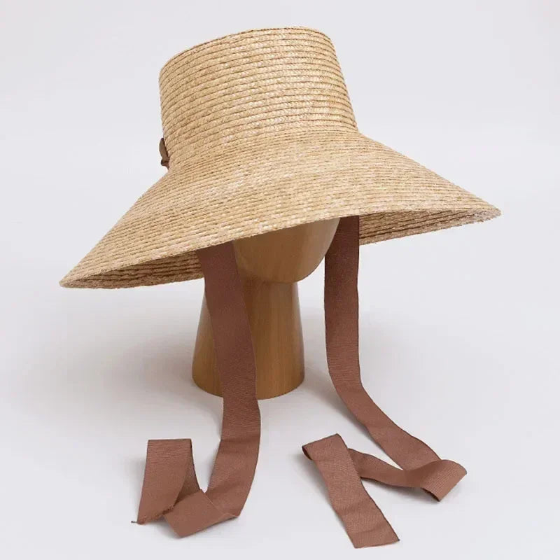 Chapeau de Paille Femme à Large Bord avec Mentonnière Chapeau de Soleil d'Été Anti-UV Chapeau de Plage avec Cordon Coupe-Vent Chapeau de Voyage UPF Derby