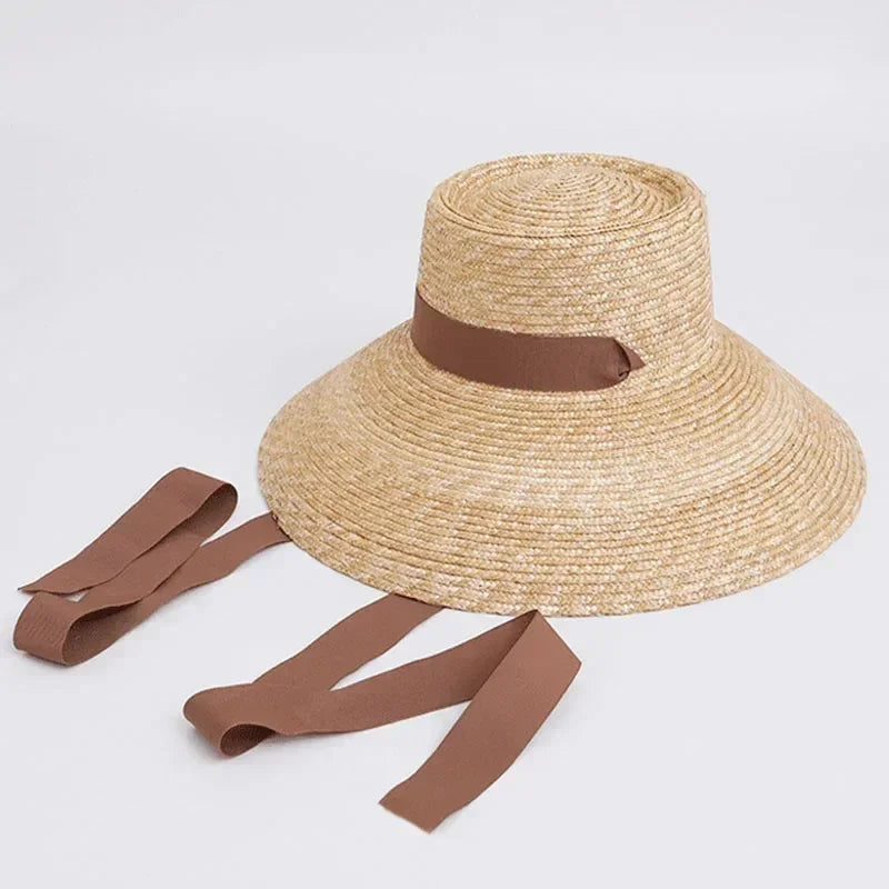 Chapeau de Paille Femme à Large Bord avec Mentonnière Chapeau de Soleil d'Été Anti-UV Chapeau de Plage avec Cordon Coupe-Vent Chapeau de Voyage UPF Derby