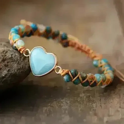 Bracelet Amazonite – Macramé Bleu Ciel | Breloque Cœur Réglable