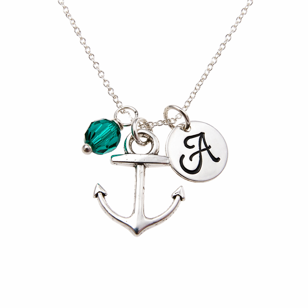 Personalized Anchor Necklace – Sterling Silver Charm with Birthstone & Initial