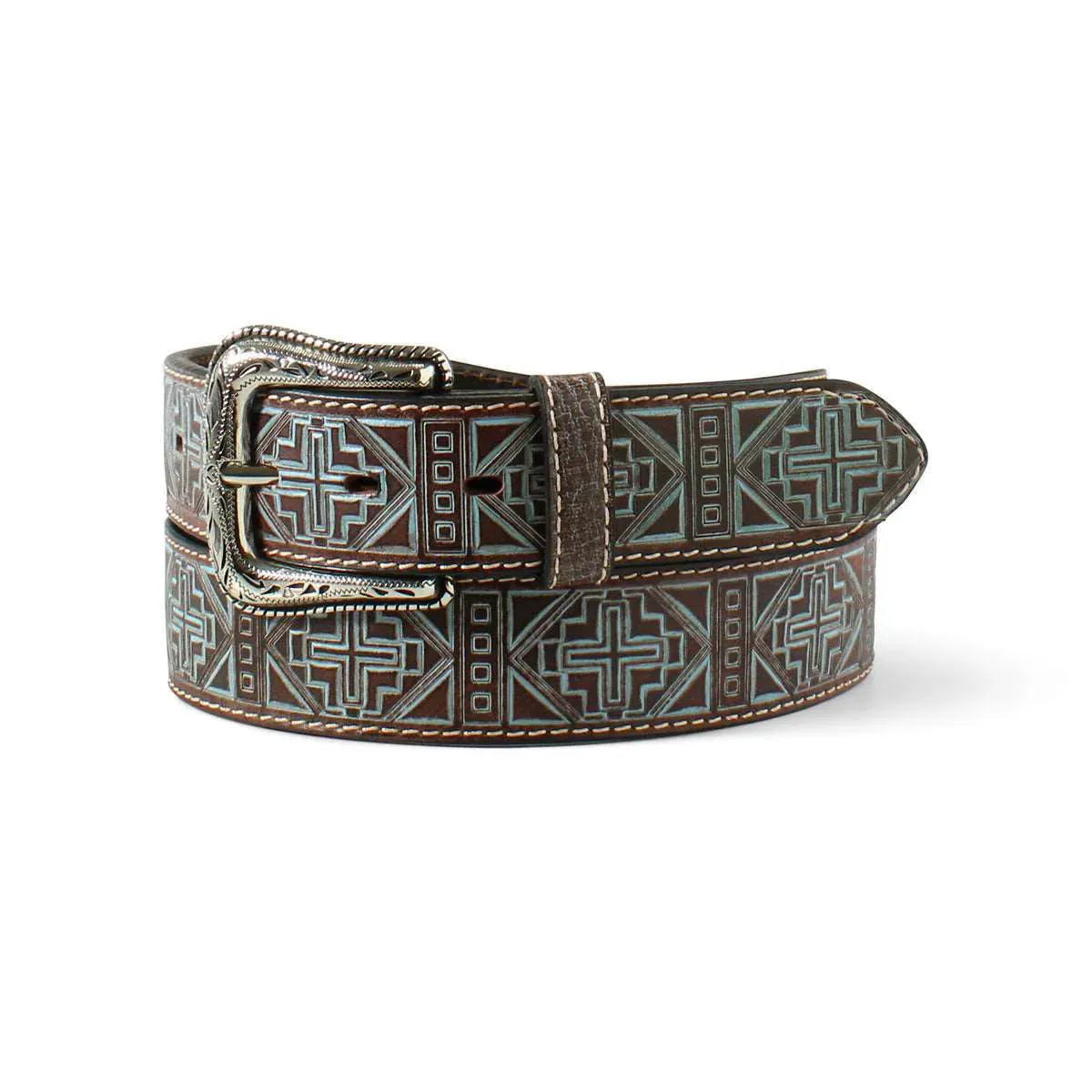 Ceinture en cuir pour femme Ariat bleu motif aztèque ciselé à croix