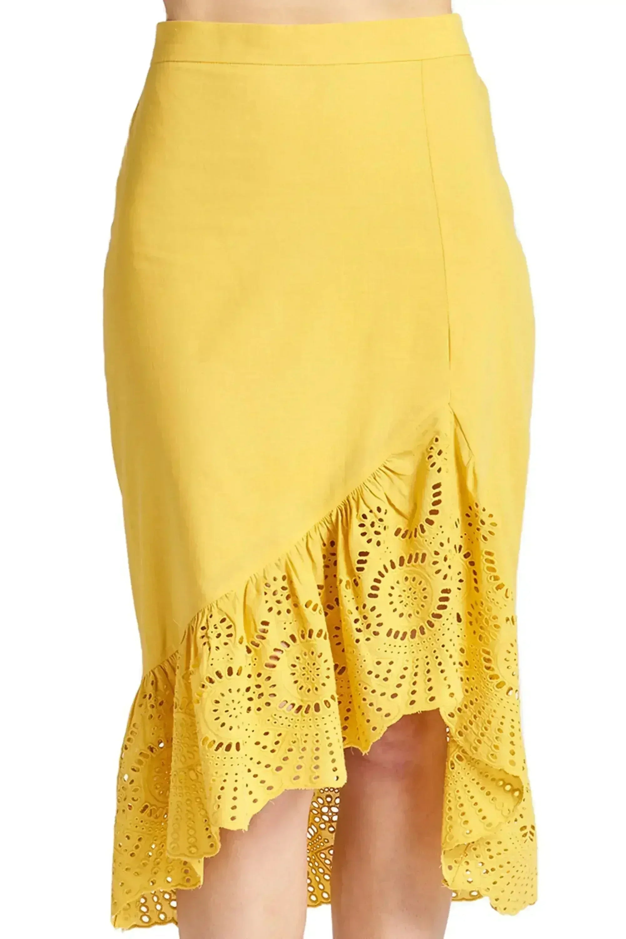 Jupe Aster - Jupe asymétrique courte devant longue derrière en broderie anglaise de coton, coloris or