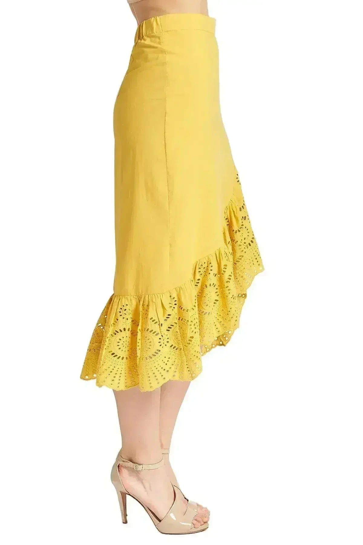 Jupe Aster - Jupe asymétrique courte devant longue derrière en broderie anglaise de coton, coloris or