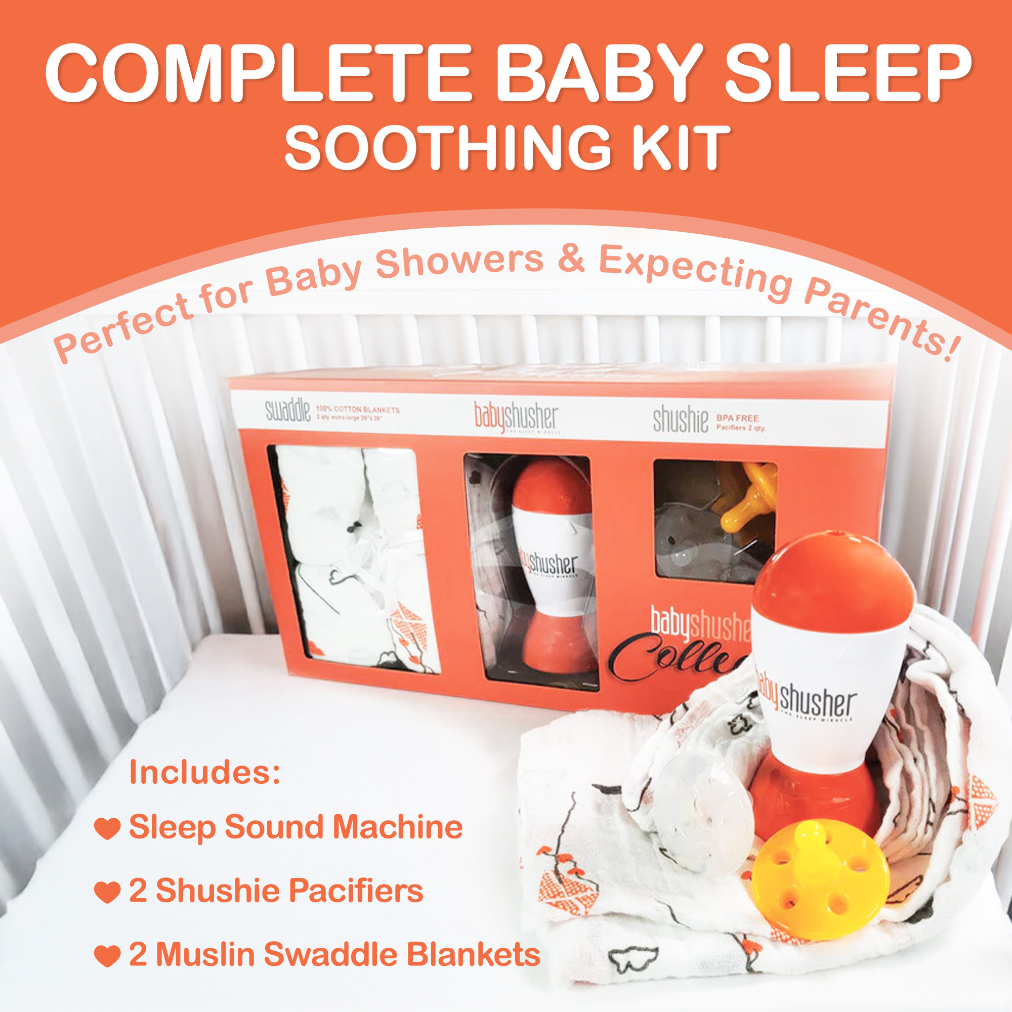 Coffret cadeau Baby Shusher – Appareil sonore, sucettes en silicone et langes en mousseline pour nouveau-nés