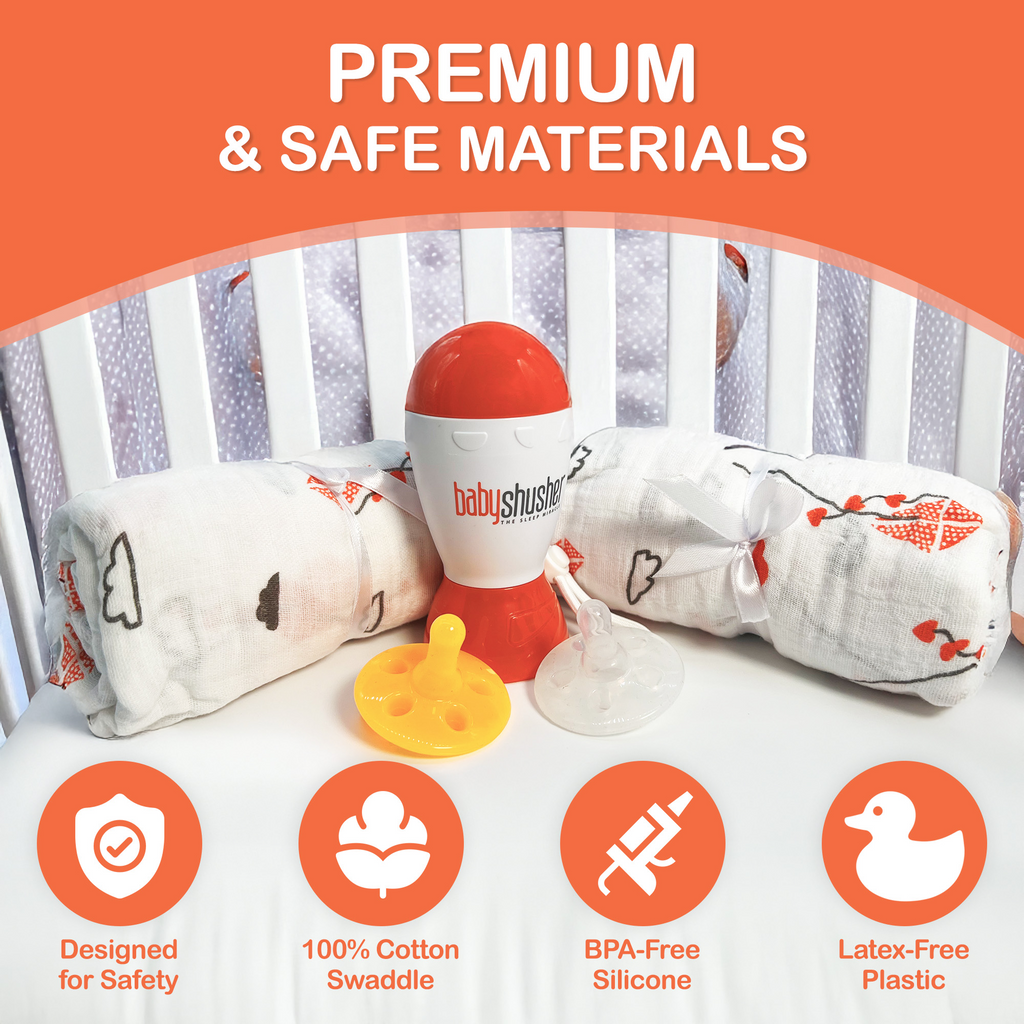 Coffret cadeau Baby Shusher – Appareil sonore, sucettes en silicone et langes en mousseline pour nouveau-nés