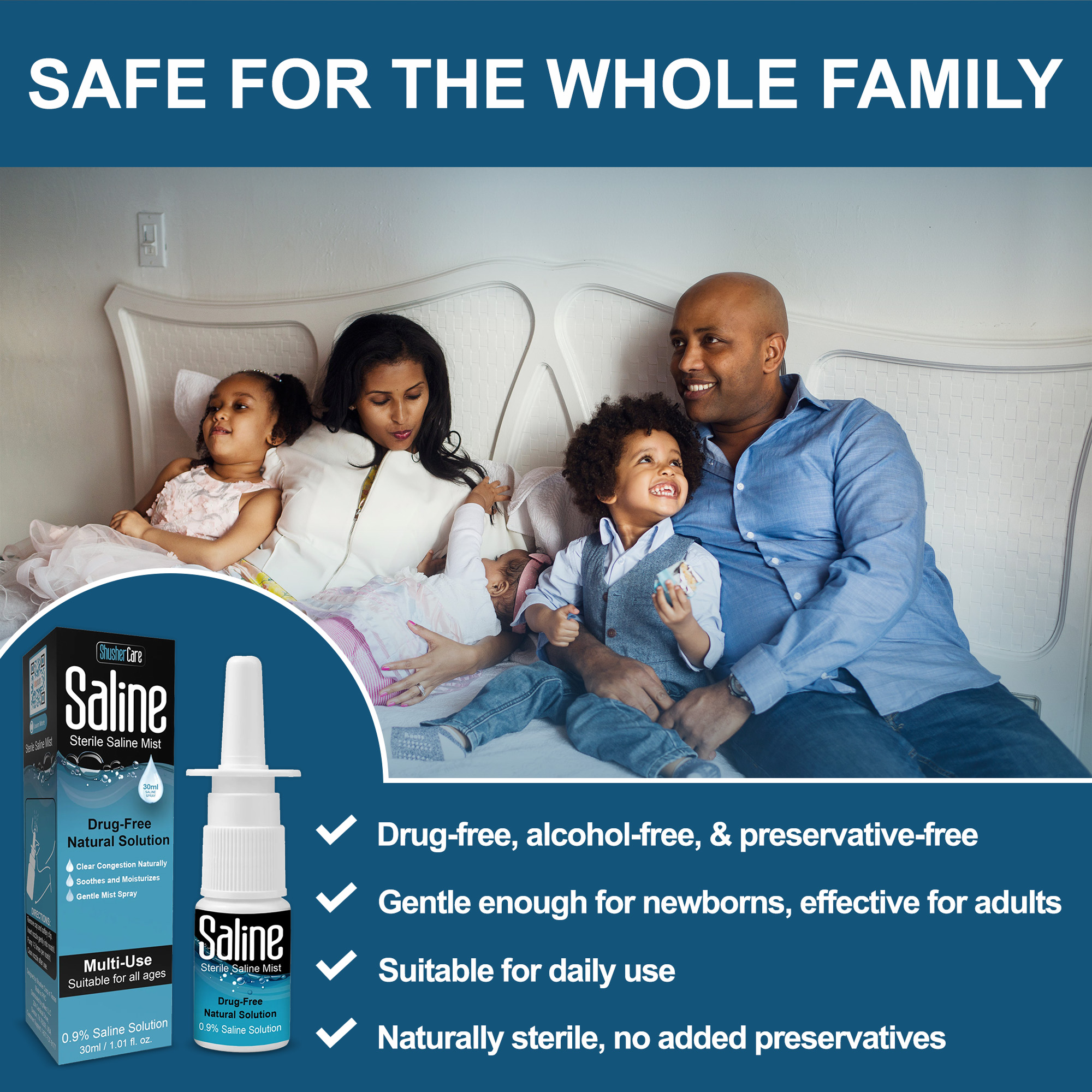 Spray nasal physiologique Shusher Care – Soulagement de la congestion sans médicaments et sans conservateurs pour bébés et toute la famille