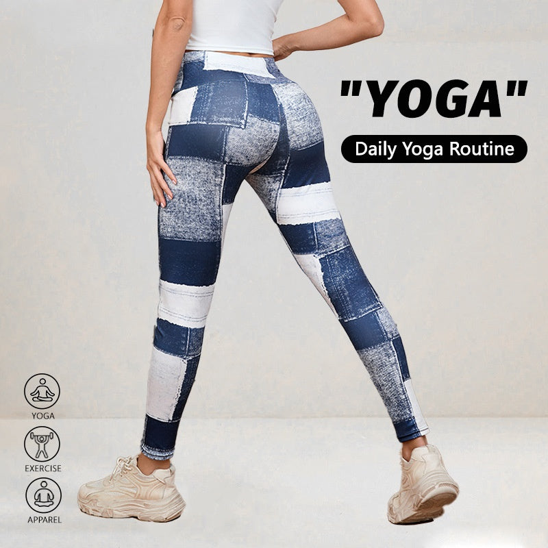 Pantalon de Yoga et Fitness Taille Haute Effet Ventre Plat Coupe Ajustée Imprimé Carreaux Pêche Effet Denim