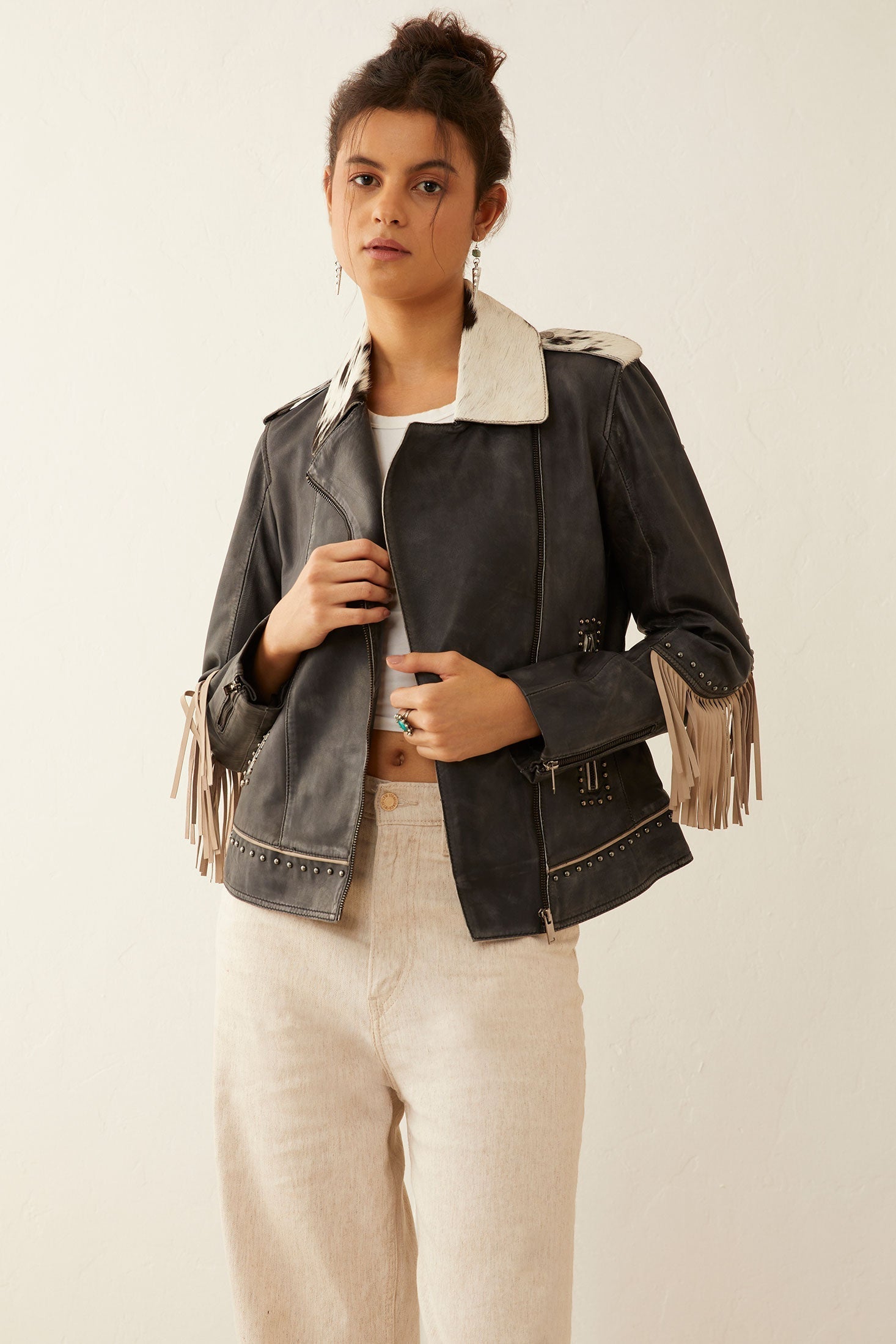 Veste en cuir Phoenix à franges couleur ébène