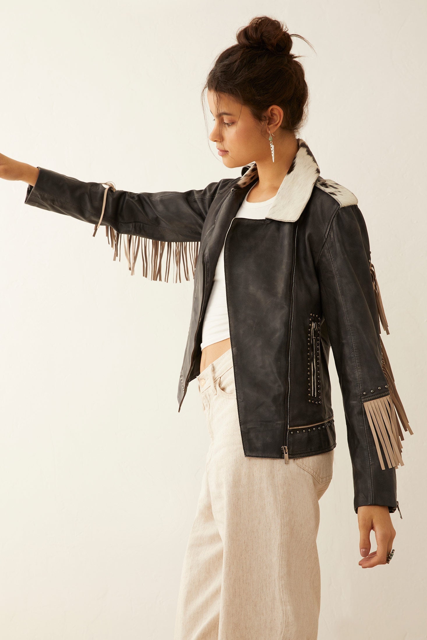 Veste en cuir Phoenix à franges couleur ébène