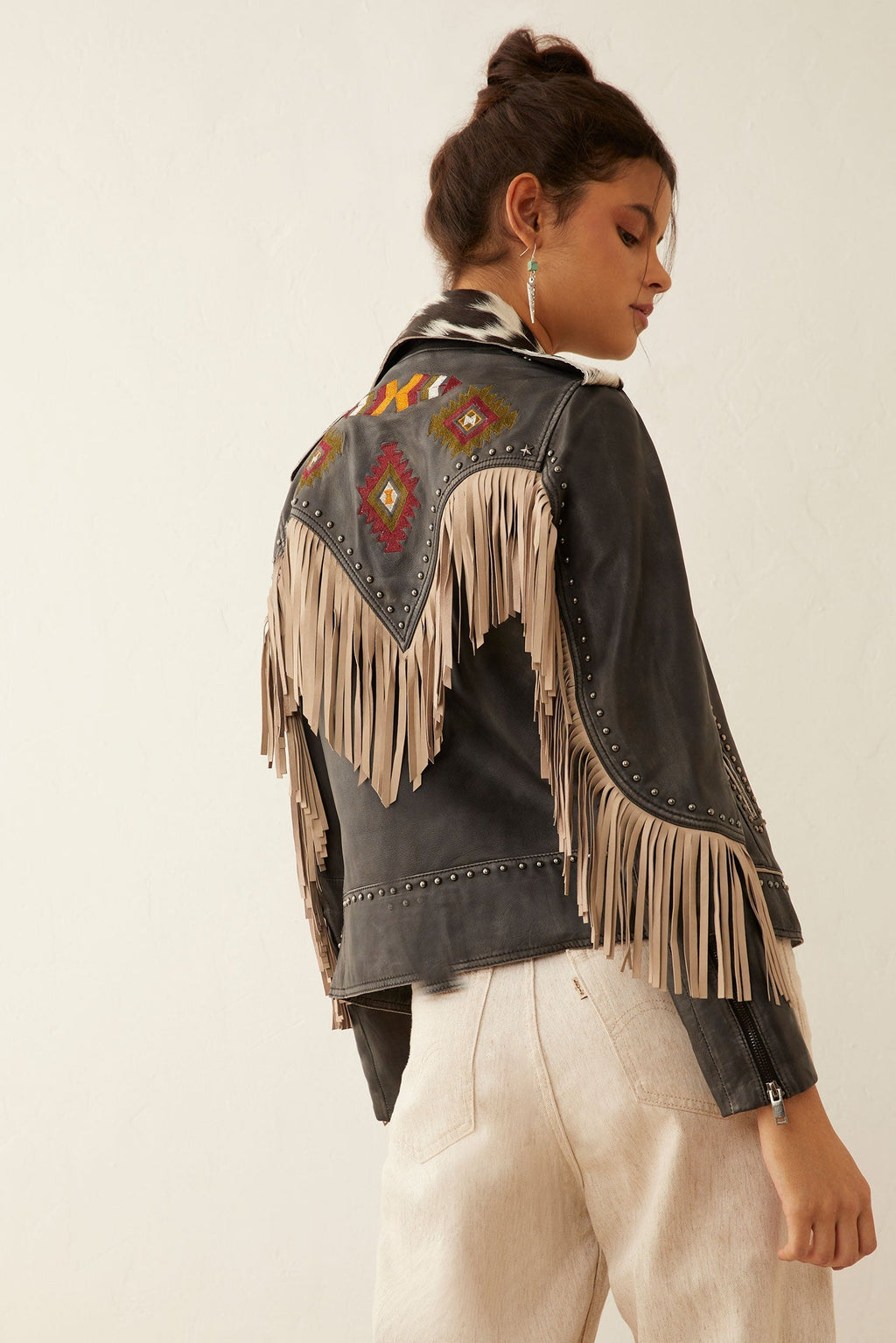 Veste en cuir Phoenix à franges couleur ébène
