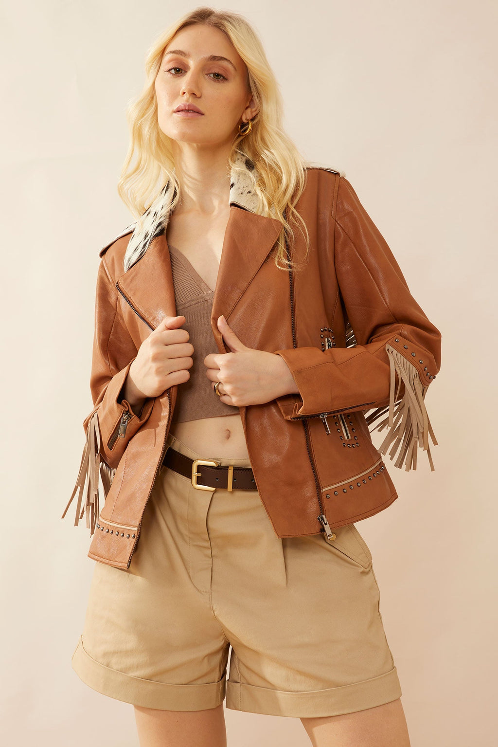 Blouson en cuir frangé Phoenix couleur camel