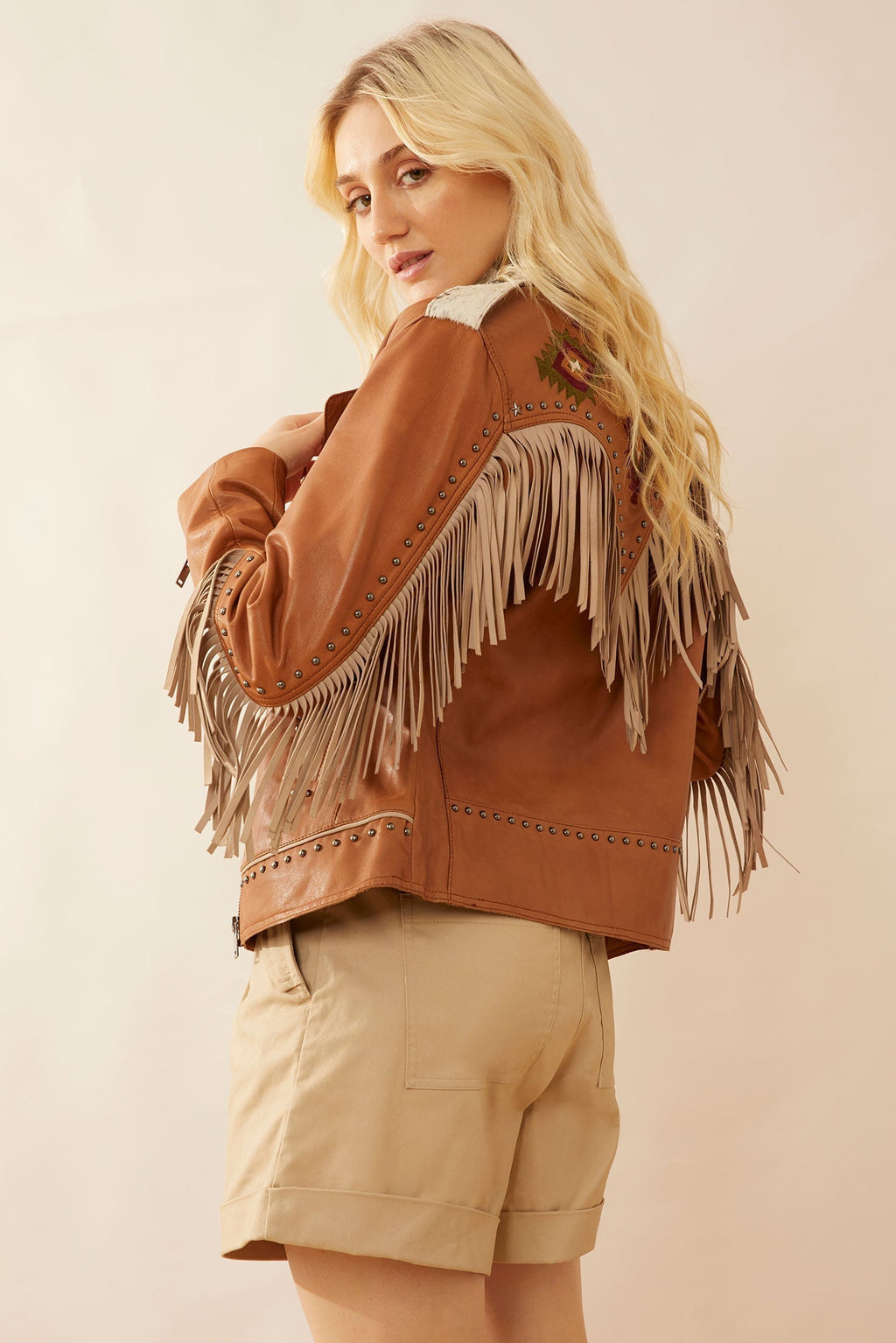 Blouson en cuir frangé Phoenix couleur camel